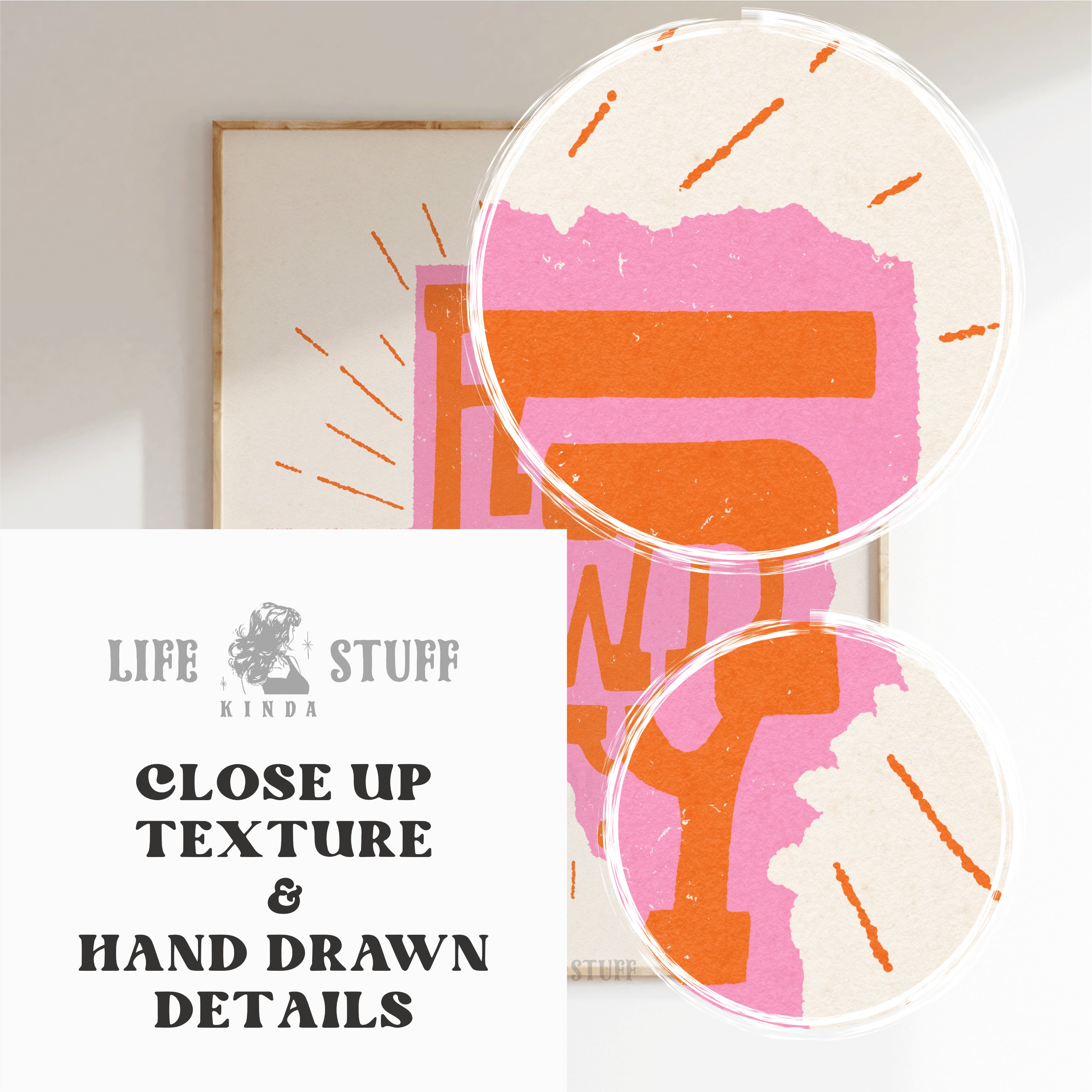 closeup Howdy Texas pink and orange western art print, trendy preppy cowgirl dorm room decor