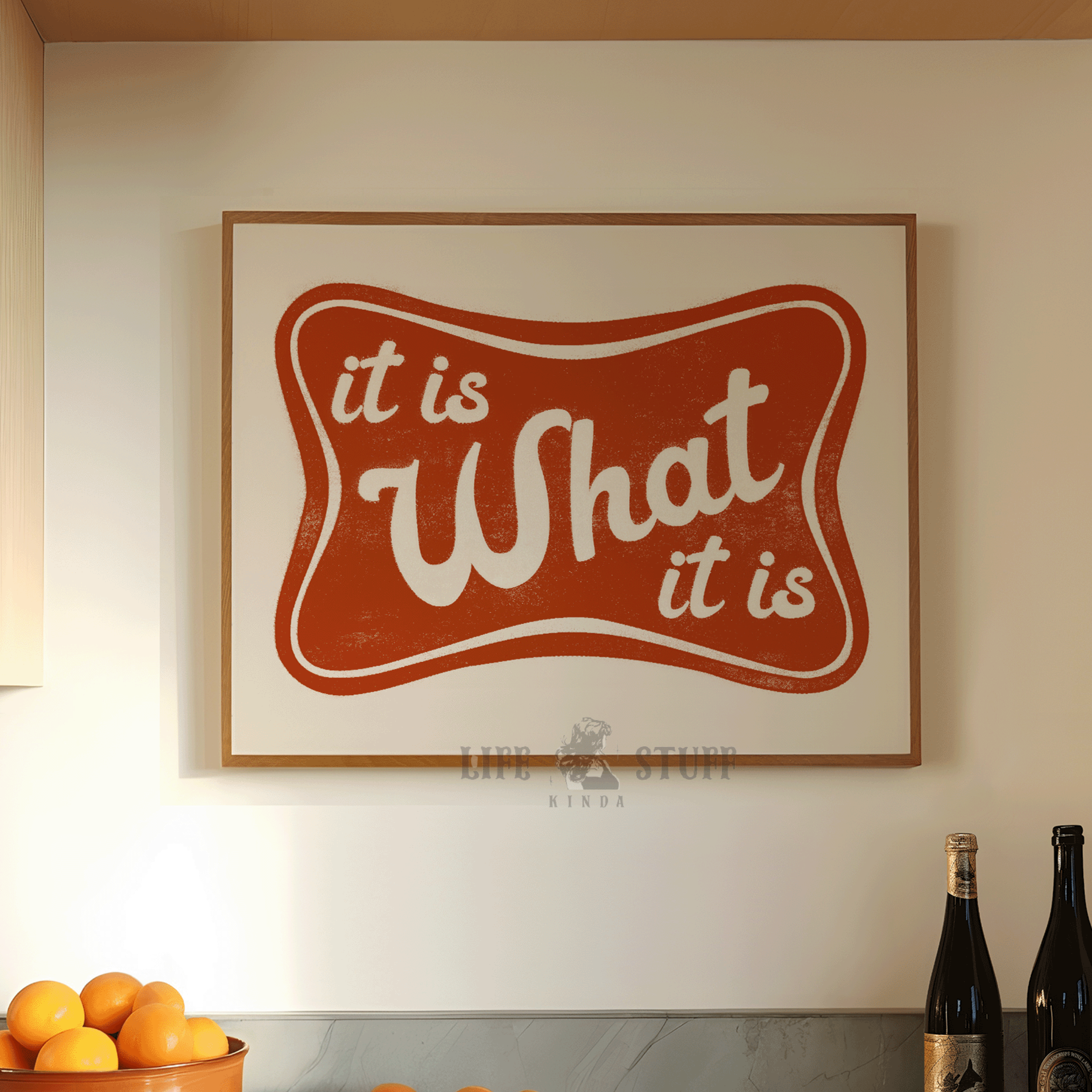 It Is What It Is" funny quote art print in burnt orange, retro typography wall decor for an eclectic home office