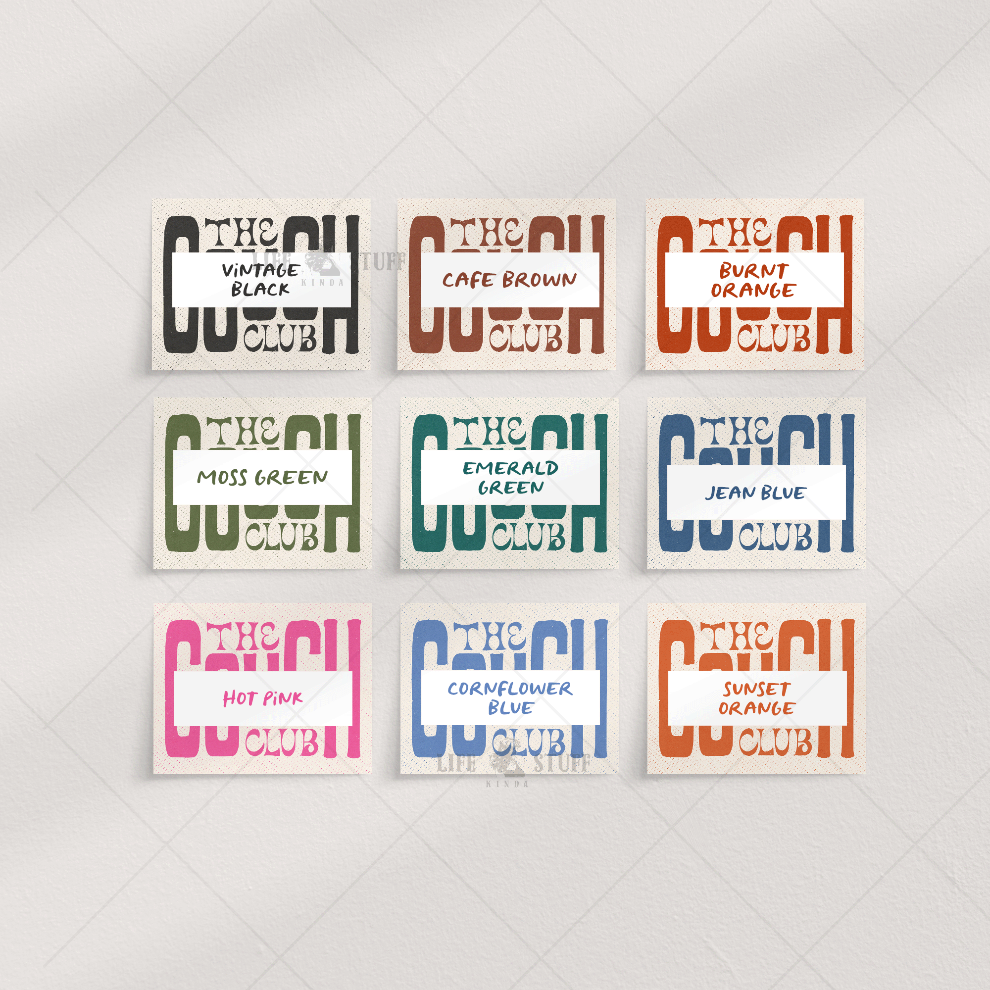 The Couch Club retro typography art print featuring multiple color options on a natural matte white background, eclectic wall art style.