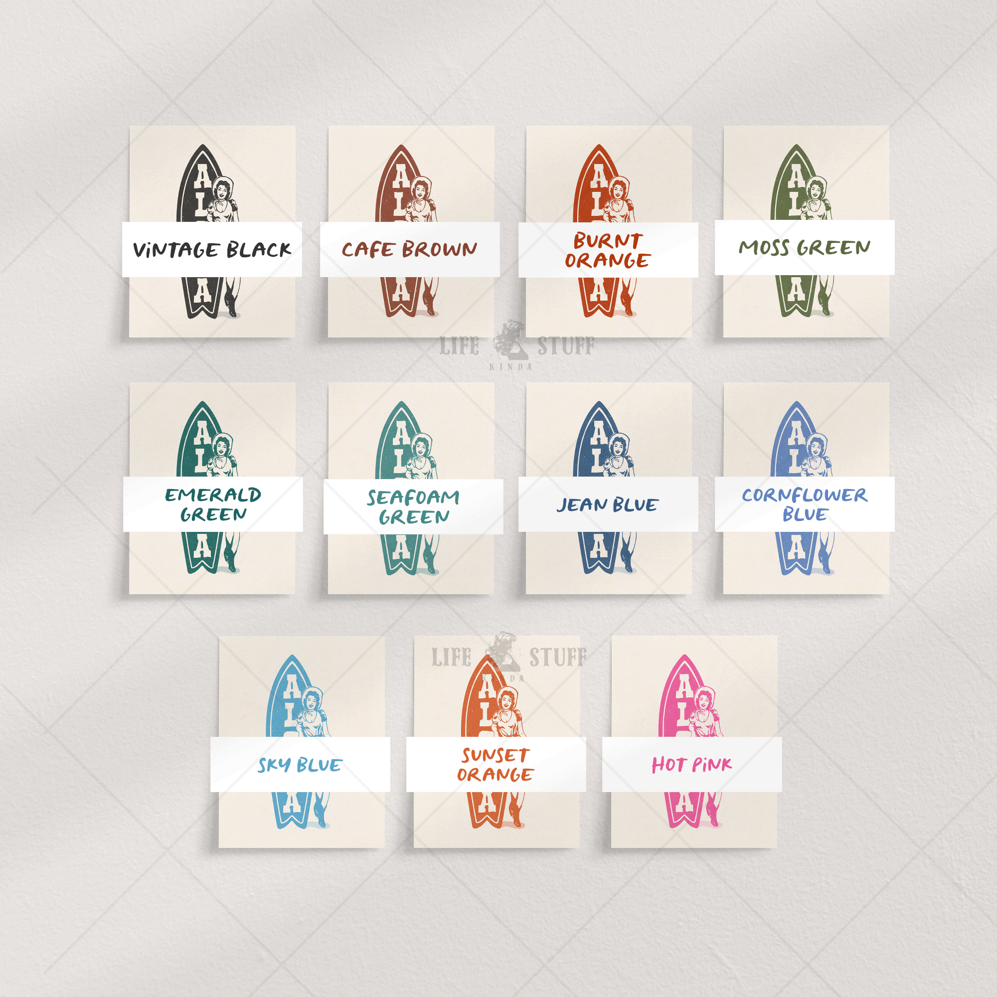 Aloha Coastal Cowgirl art print featuring a surfer girl with a cowboy hat, in various colors