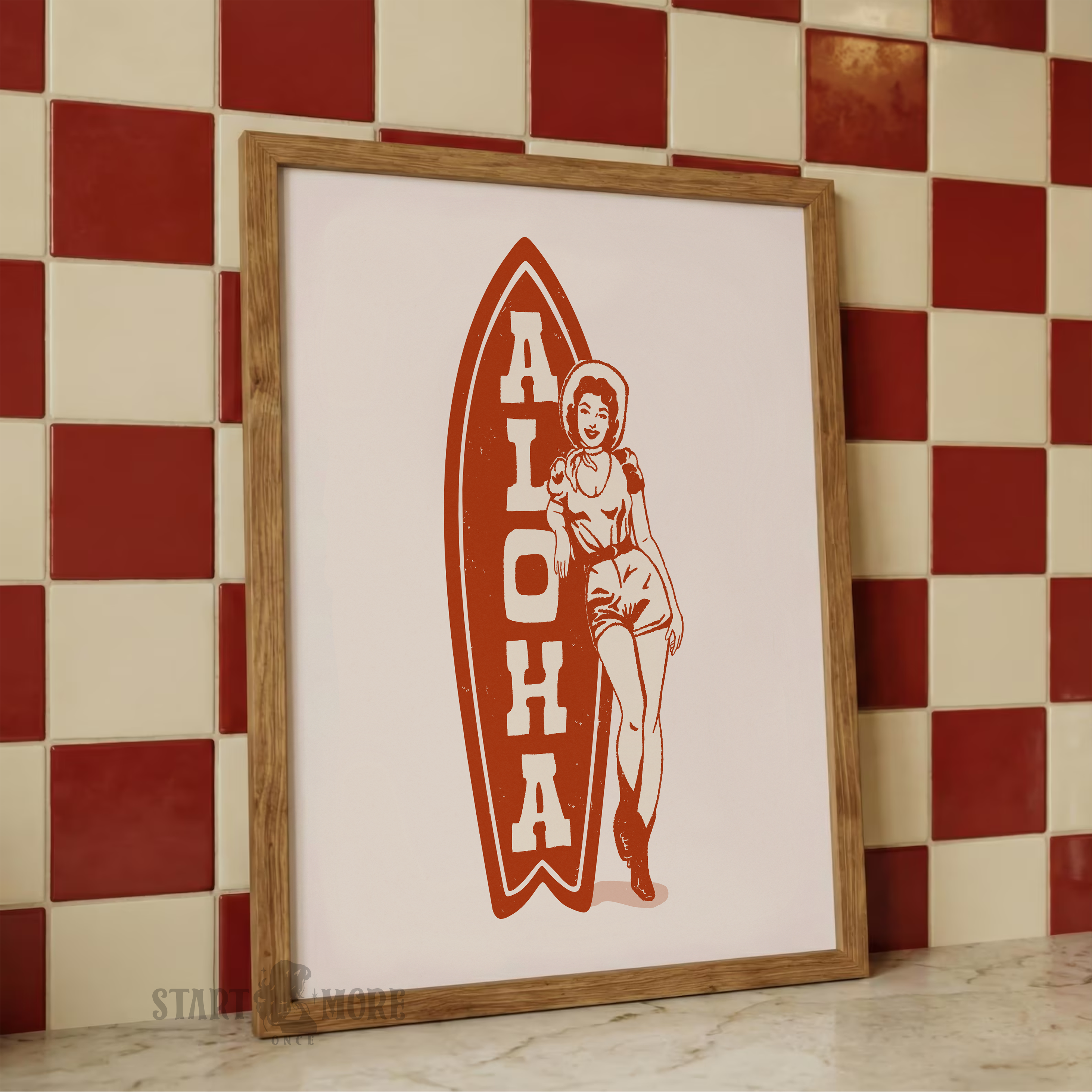 Coastal cowgirl surfboard poster displayed in a modern eclectic kitchen wall on natural matte paper.