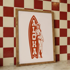 Coastal cowgirl surfboard poster displayed in a modern eclectic kitchen wall on natural matte paper.