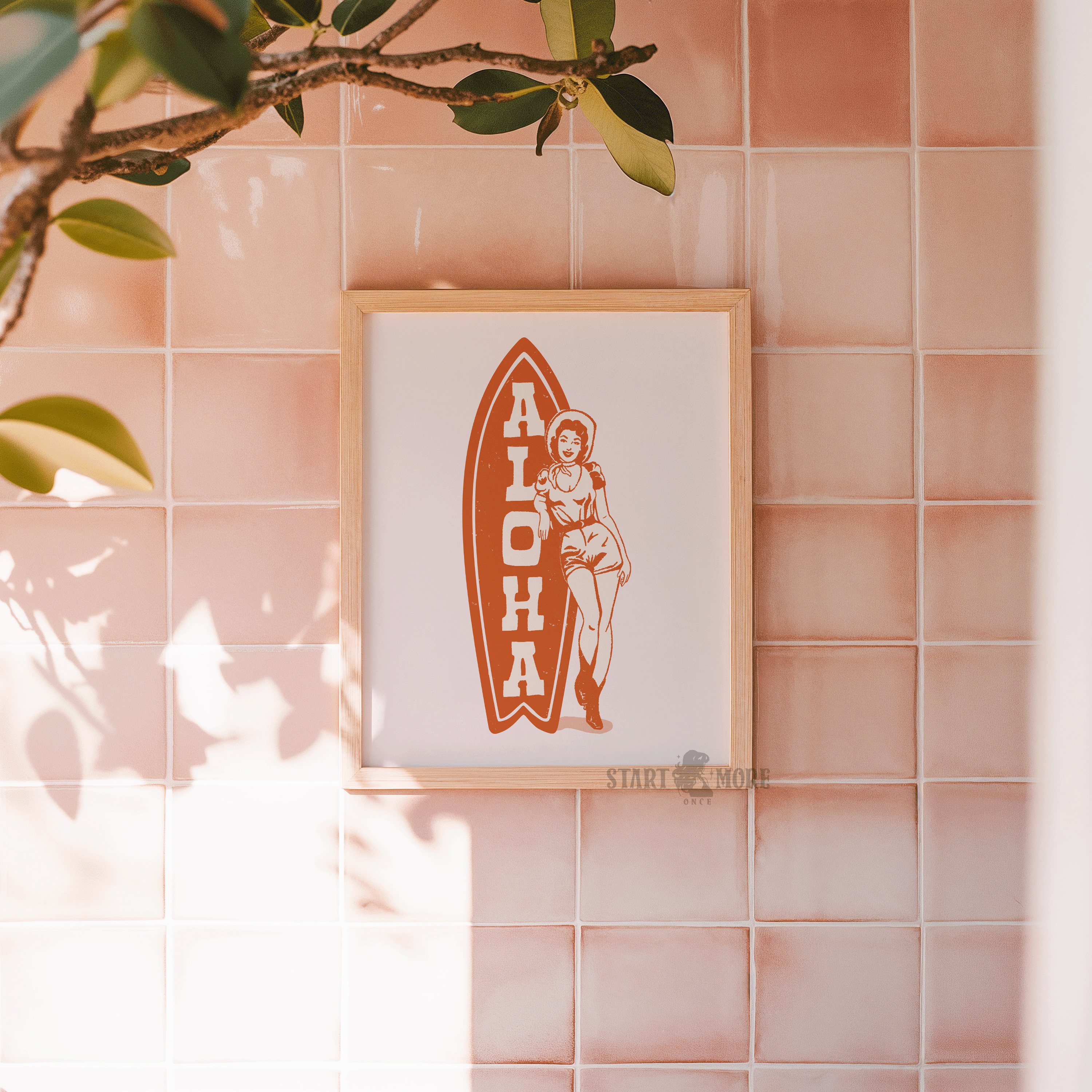 Aloha Coastal Cowgirl art print featuring a surfer girl with a cowboy hat, trendy preppy western wall decor.