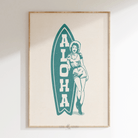 Aloha Coastal Cowgirl art print featuring a surfer girl with a cowboy hat, trendy preppy western wall decor.