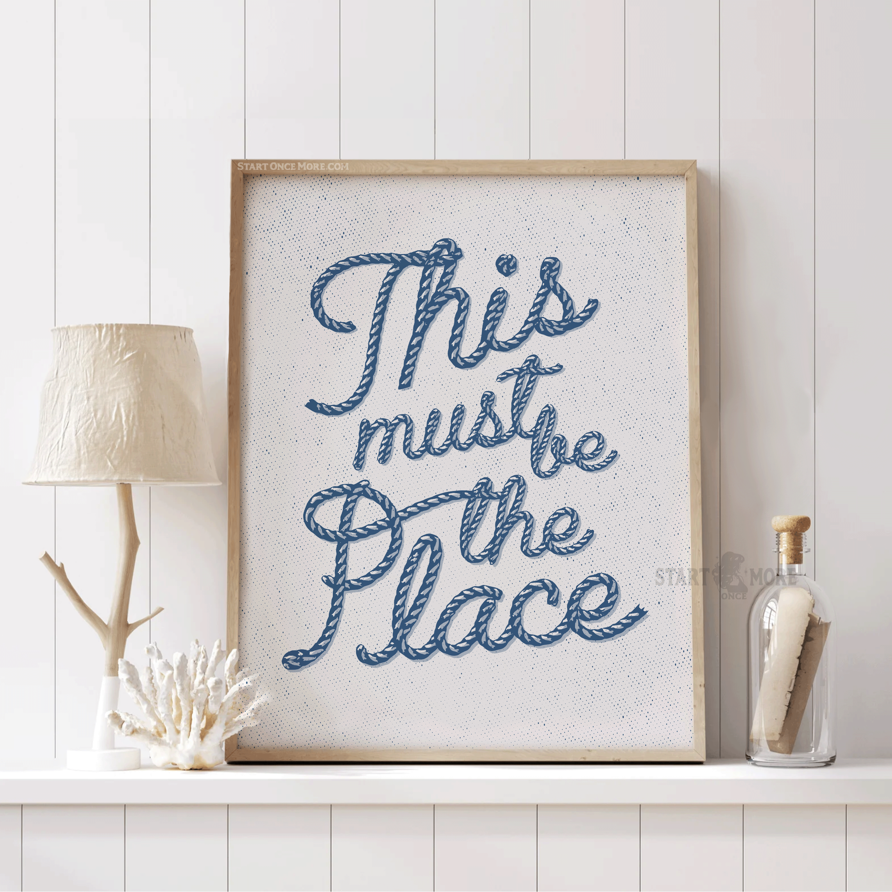 "This Must Be The Place" western typography art print in Jean Blue, trendy entryway decor for a modern ranch home