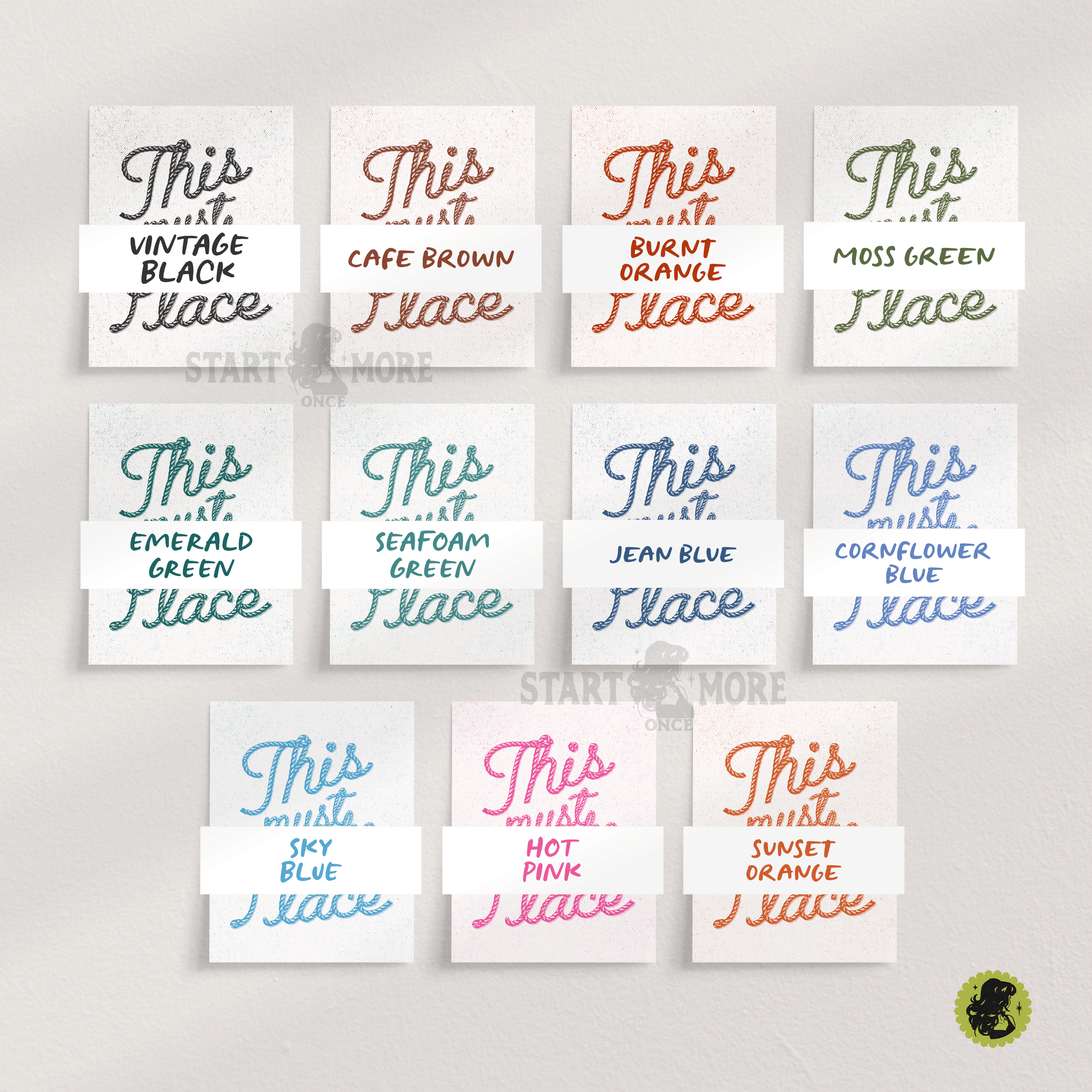 Color options for the This Must Be The Place western rope poster including Moss Green, Vintage Black, and Sunset Orange.