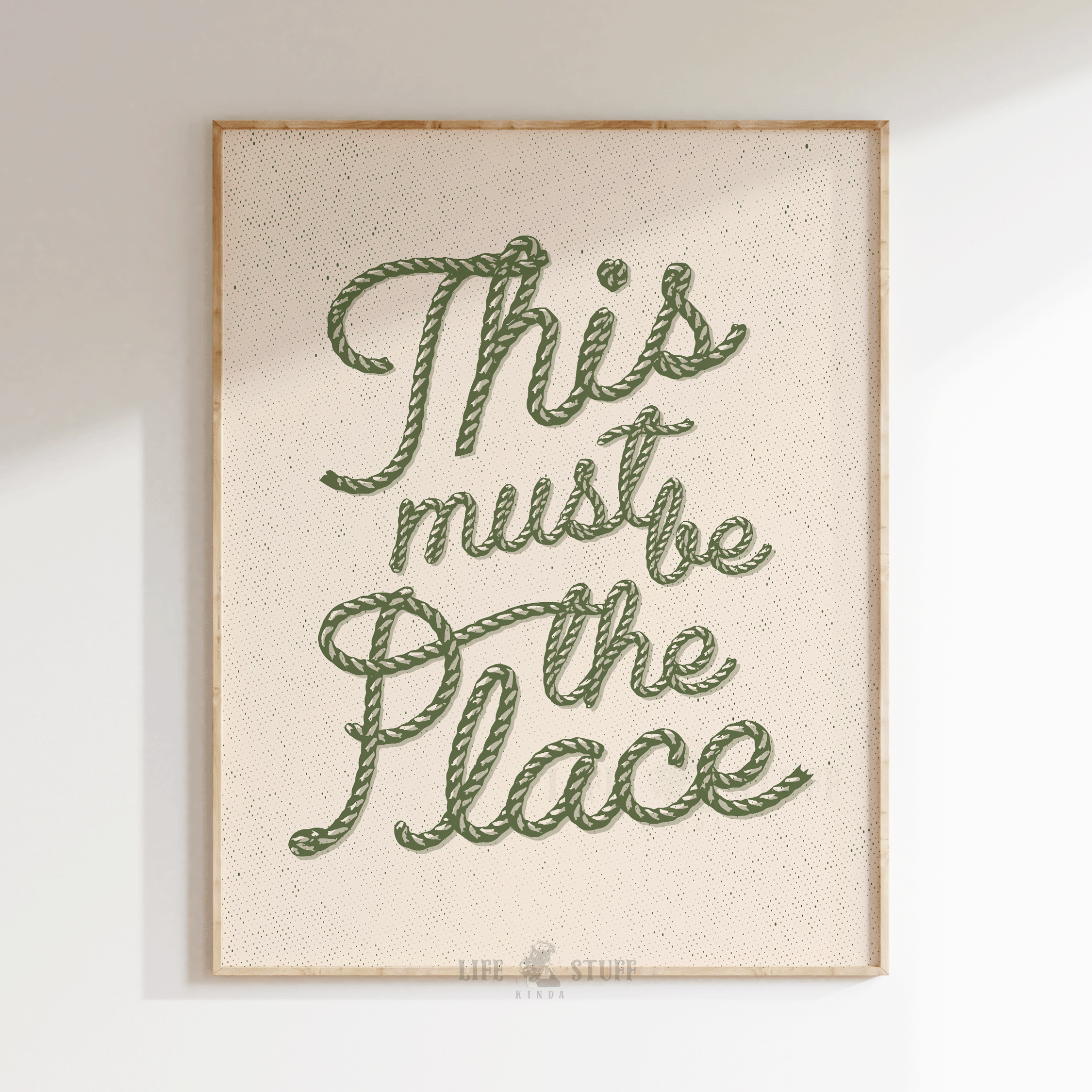 "This Must Be The Place" western typography art print in Moss Green, trendy entryway decor for a modern ranch home