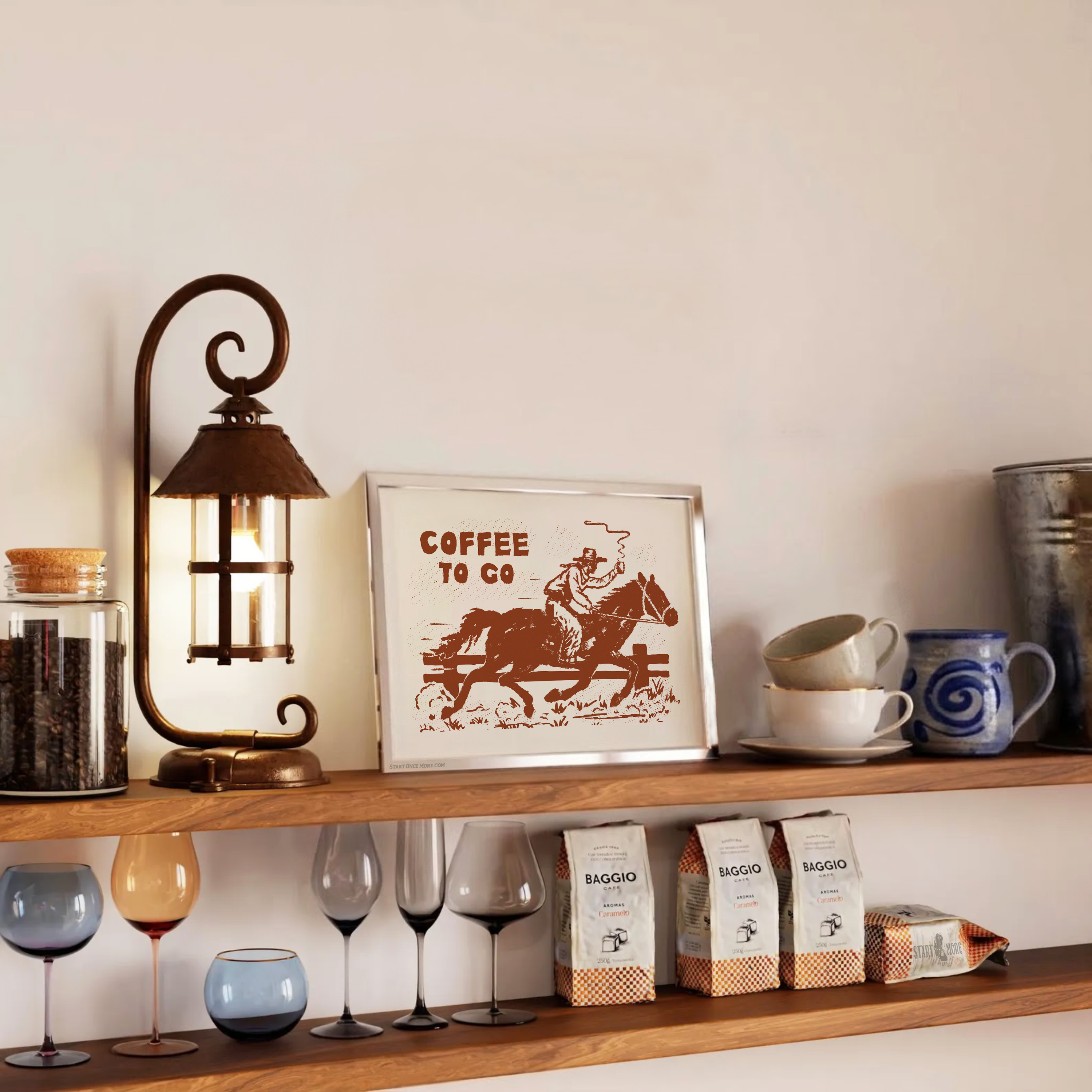 Coffee To Go western print displayed in a rustic kitchen coffee bar setup with leather and wood accents