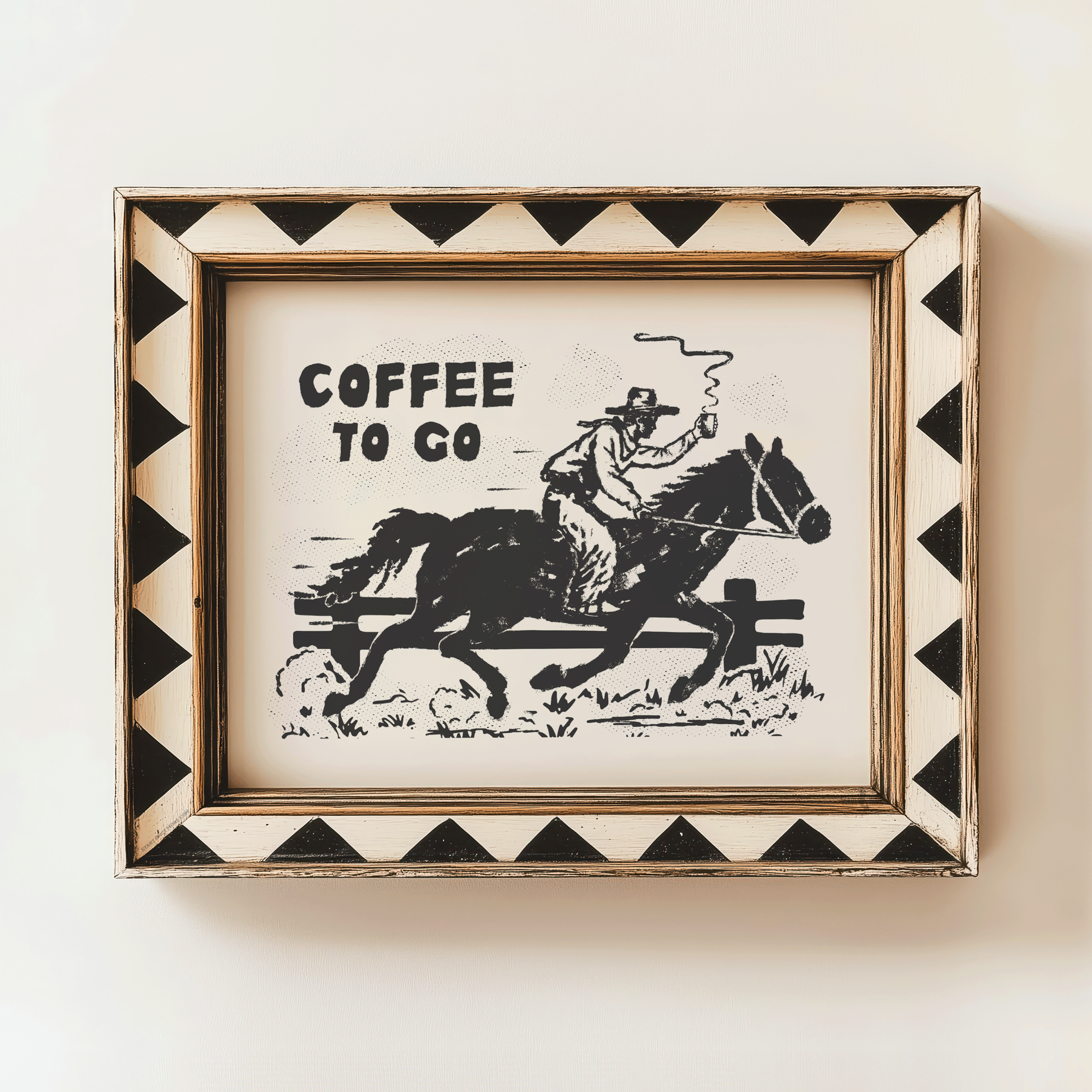 Vintage woodblock illustration of a cowboy on a horse holding a cup of coffee, "Coffee To Go" text on cream cotton paper