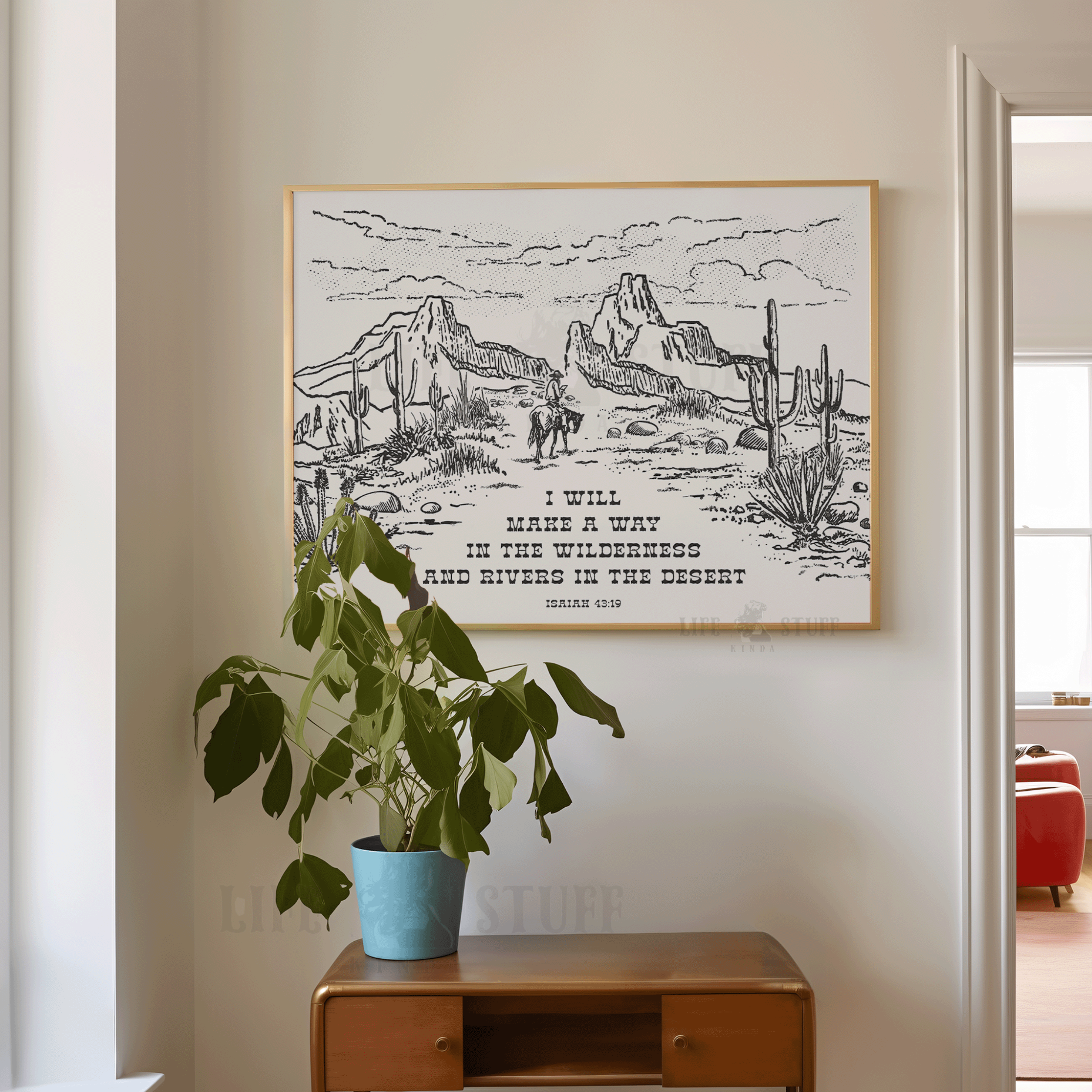 Isaiah 43:19 desert bible verse art print with "Rivers in the Desert" landscape illustration, western Christian wall decor