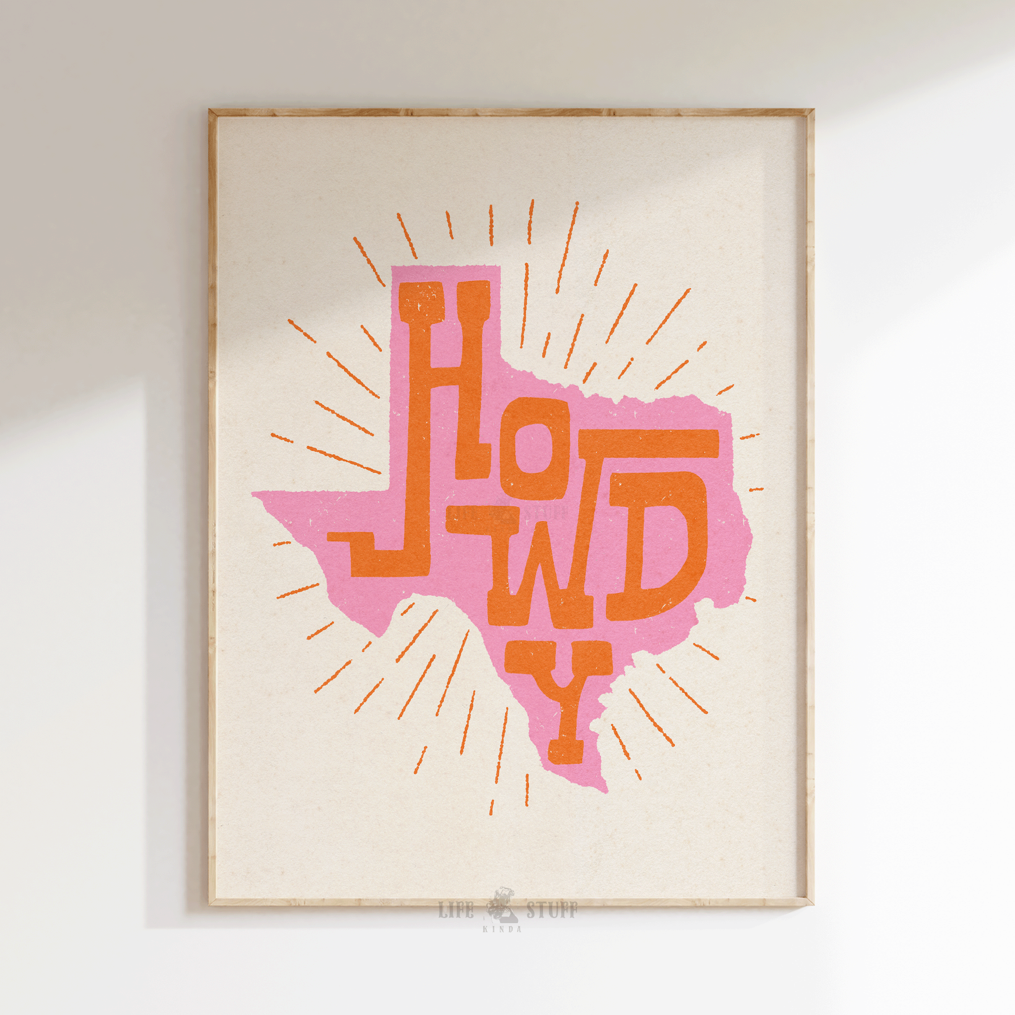 Howdy Texas pink and orange western art print, trendy preppy cowgirl dorm room decor