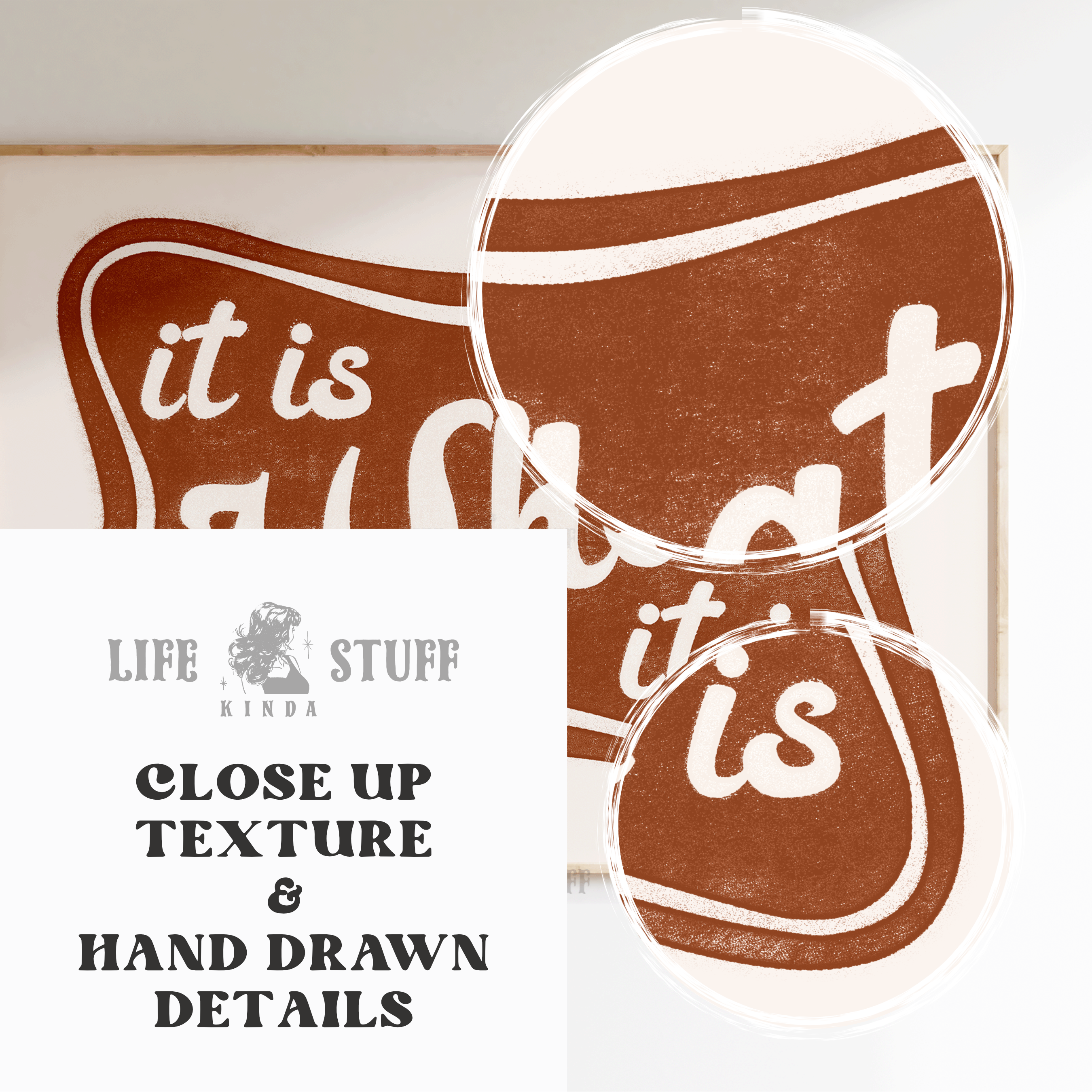 It Is What It Is" funny quote art print in cafe brown, retro typography wall decor for an eclectic home office closeup
