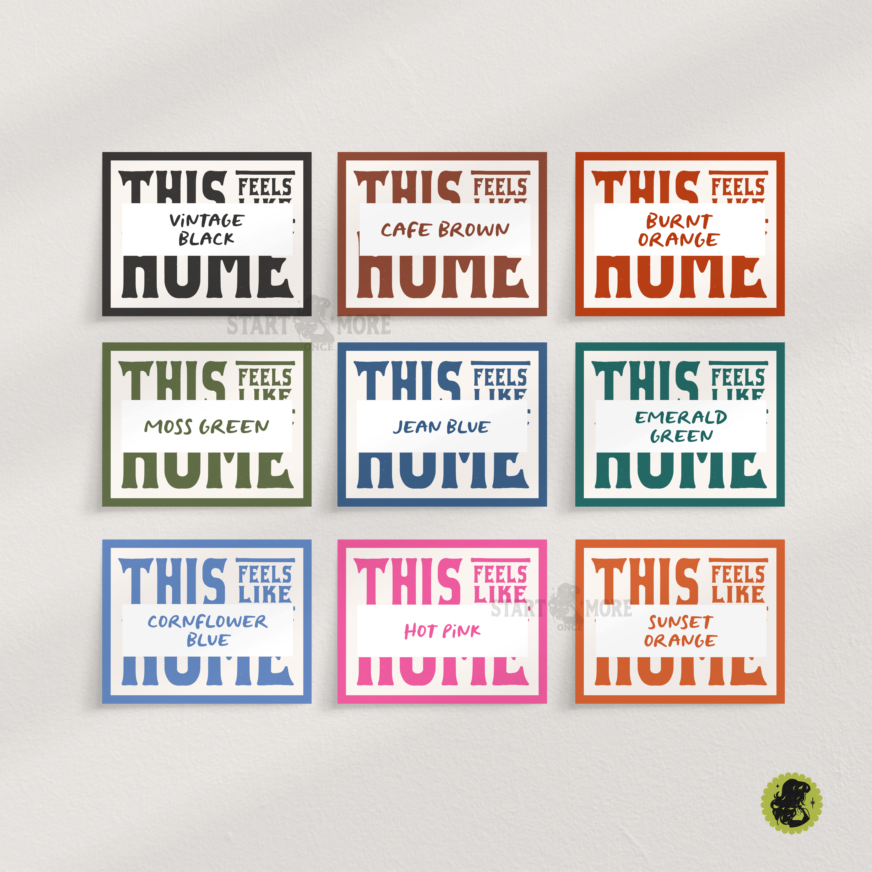 Set of color swatches with text 'This feels like' in various colors on a cream background.