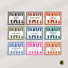 Collection of 'OK Yay!' print swatches in various colors on a light beige background.