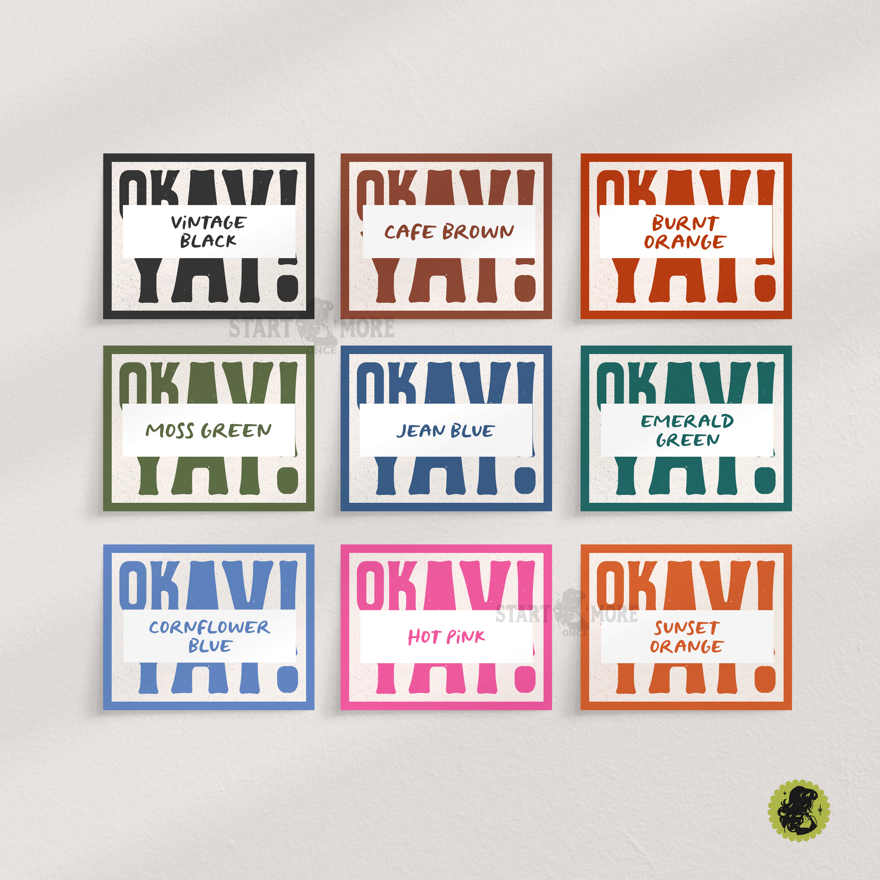 Collection of 'OK Yay!' print swatches in various colors on a light beige background.