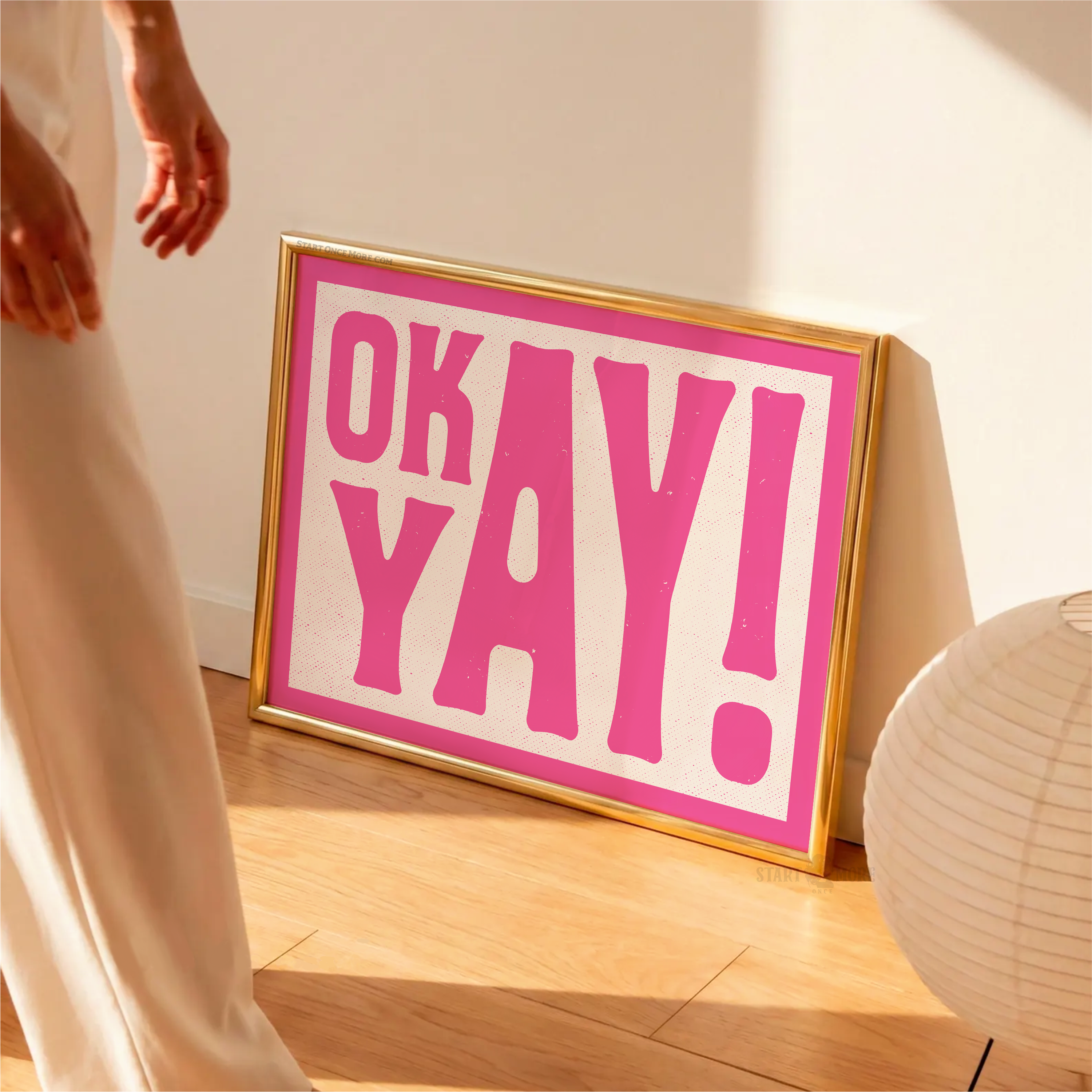 Funny 'OK YAY!' retro typography art print in a bold, pink font. A cheeky, high-energy statement poster centered in a gold frame, perfect for a modern apartment or a relatable gift for a friend, sister, girlfriend or wife.