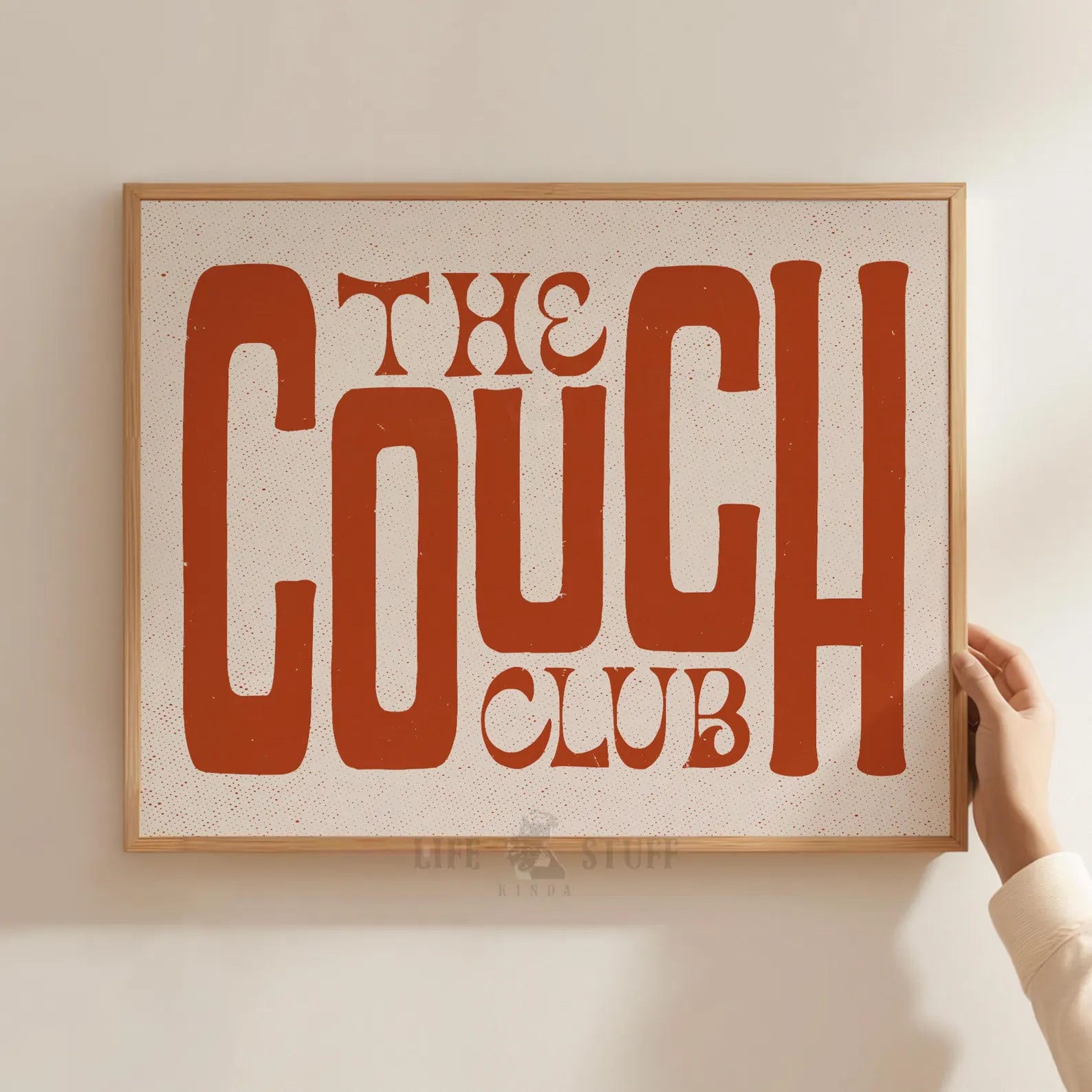 The Couch Club art print featuring red retro typography on a natural matte white background, eclectic wall art style.