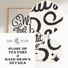 Detail shot of the heavy 300gsm cotton rag paper texture on the "What's The Best That Could Happen" manifestation print