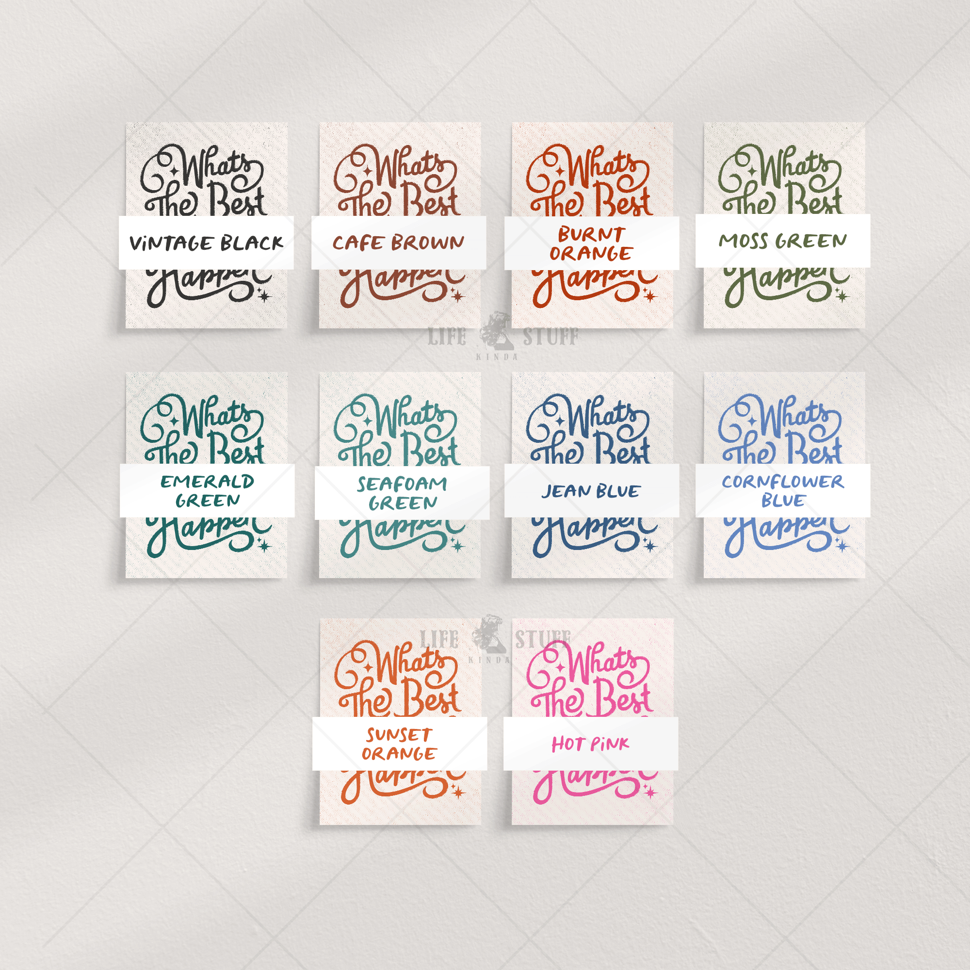 Multiple color options for the What's The Best That Could Happen quote poster, including Emerald Green, Hot Pink, and Sunset Orange