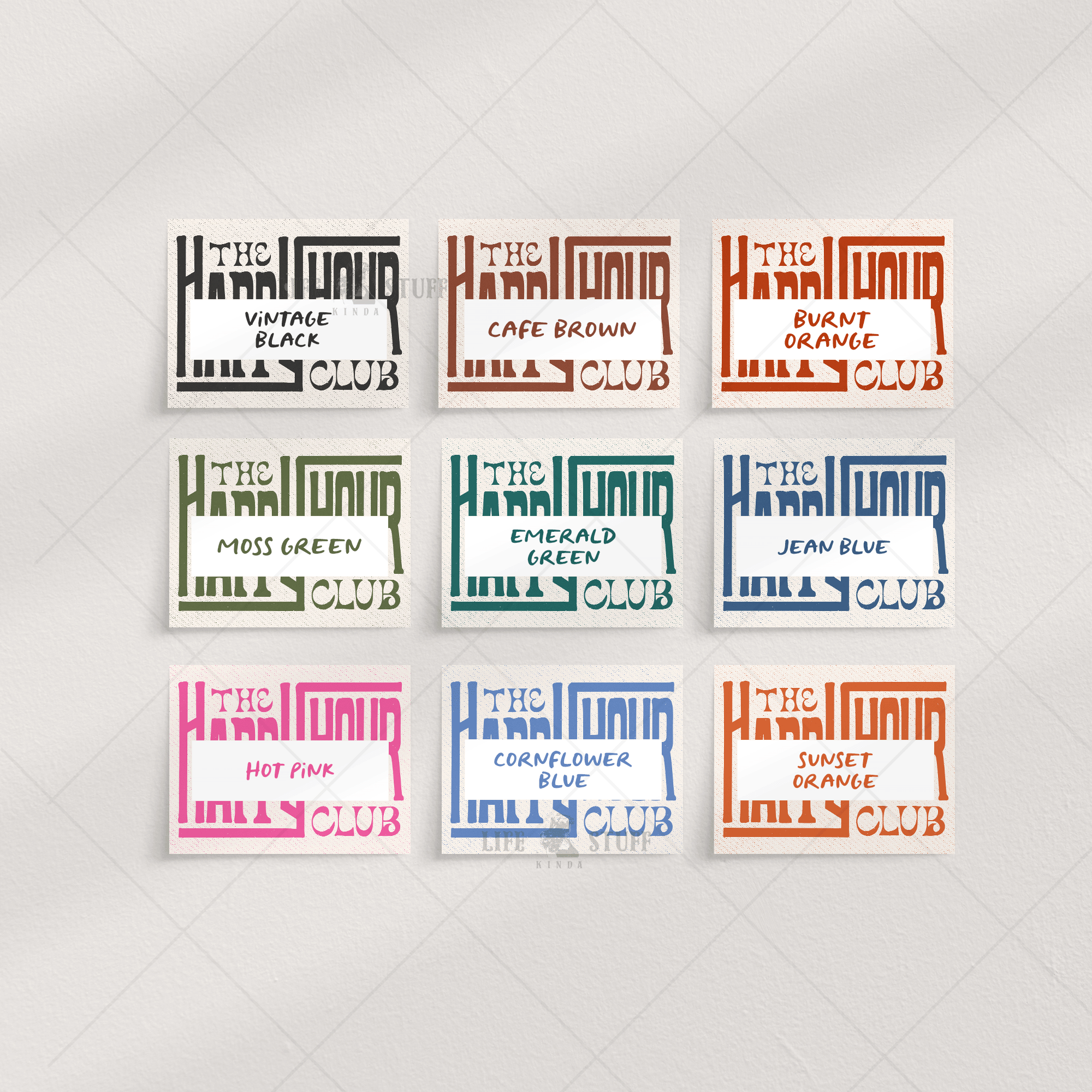 The Happy Hour Club retro typography art print in multiple color options, perfect for bar cart or kitchen wall decor.
