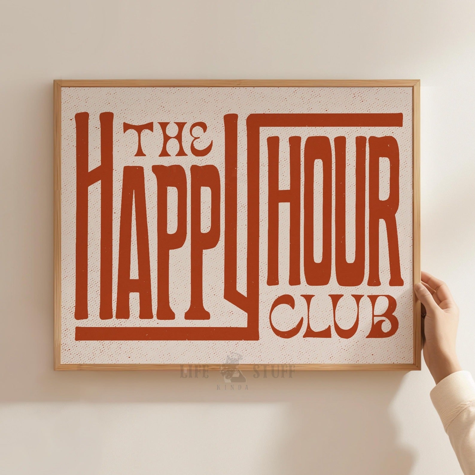 The Happy Hour Club art print with retro typography on a natural matte background, perfect for bar cart or kitchen wall decor.