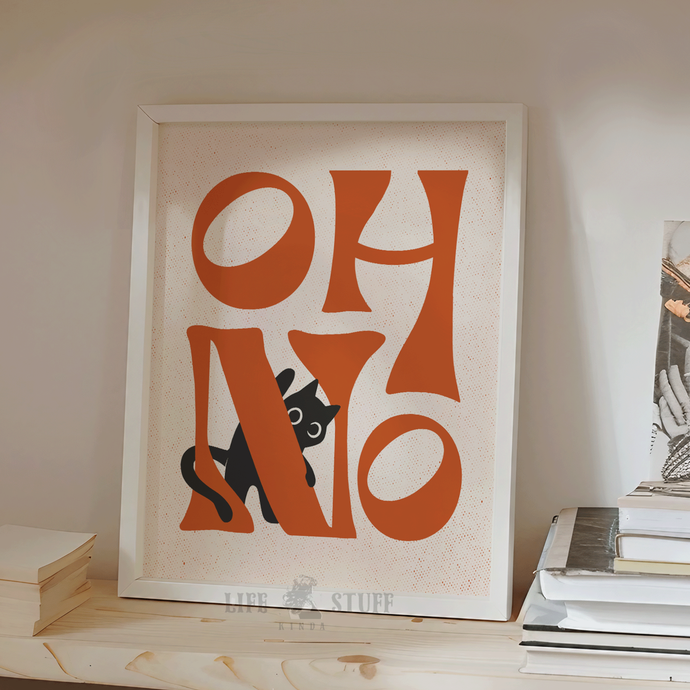 Funny black cat art print with "Oh No" text in Sunset Orange, quirky eclectic wall decor for a colorful kitchen