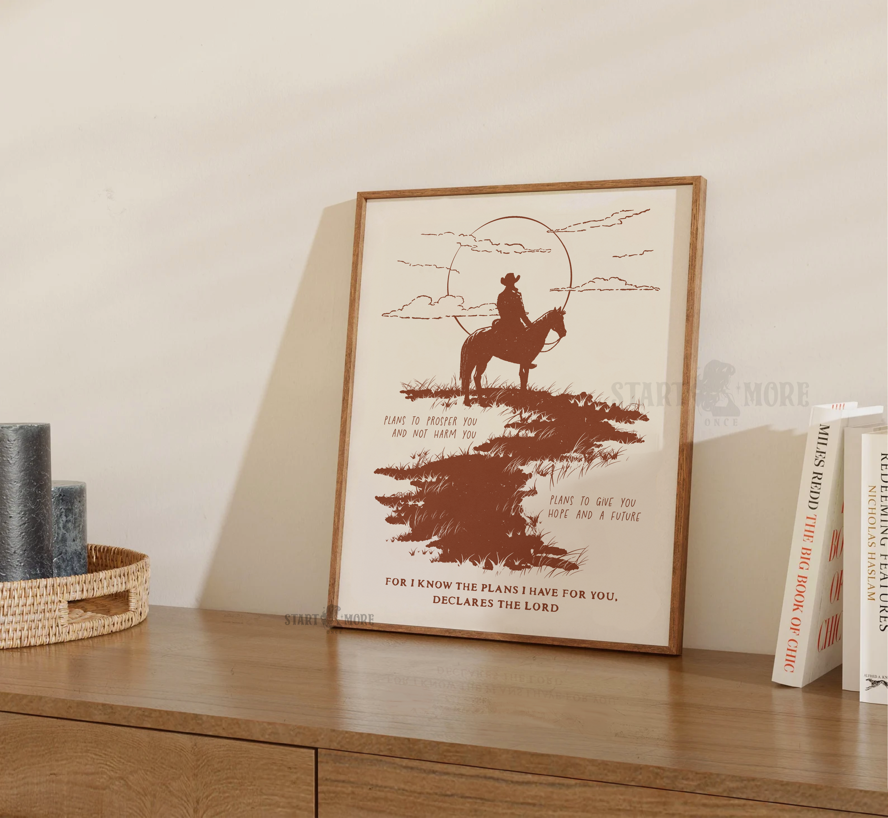 Jeremiah 29:11 "I Know The Plans" western art print with cowboy and horse in a desert landscape, Christian wall decor.