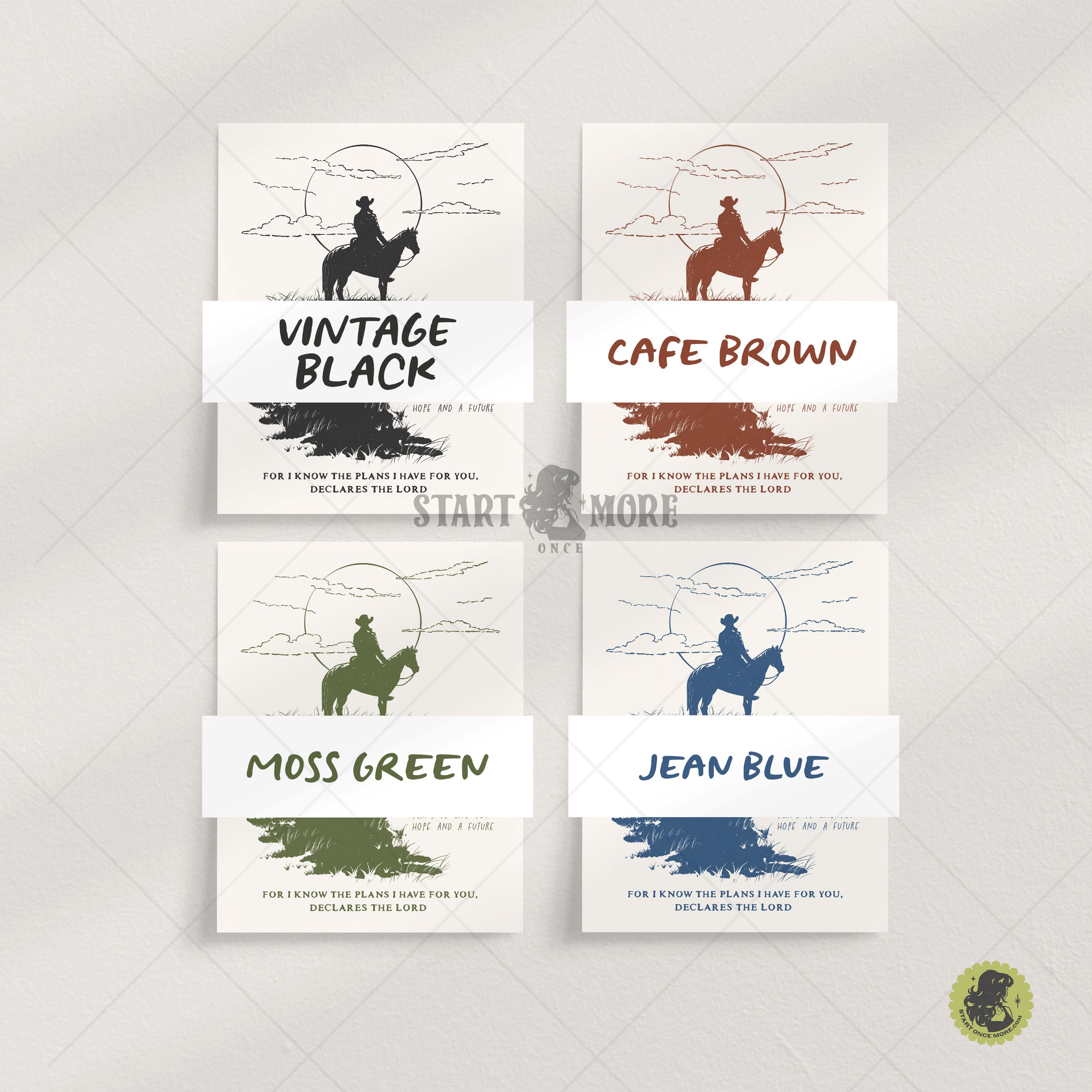 Jeremiah 29:11 "I Know The Plans" western art print with cowboy and horse in a desert landscape, in various colors