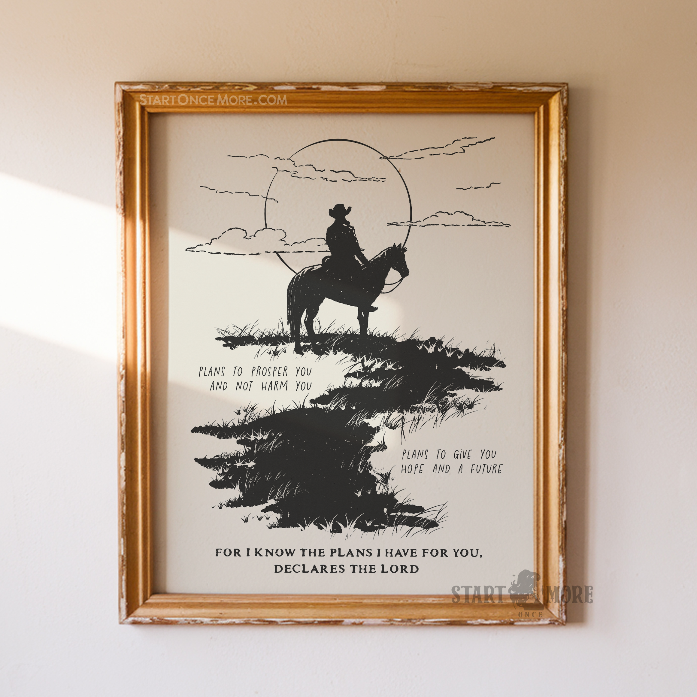 Jeremiah 29:11 "I Know The Plans" western art print with cowboy and horse in a desert landscape, Christian wall decor.