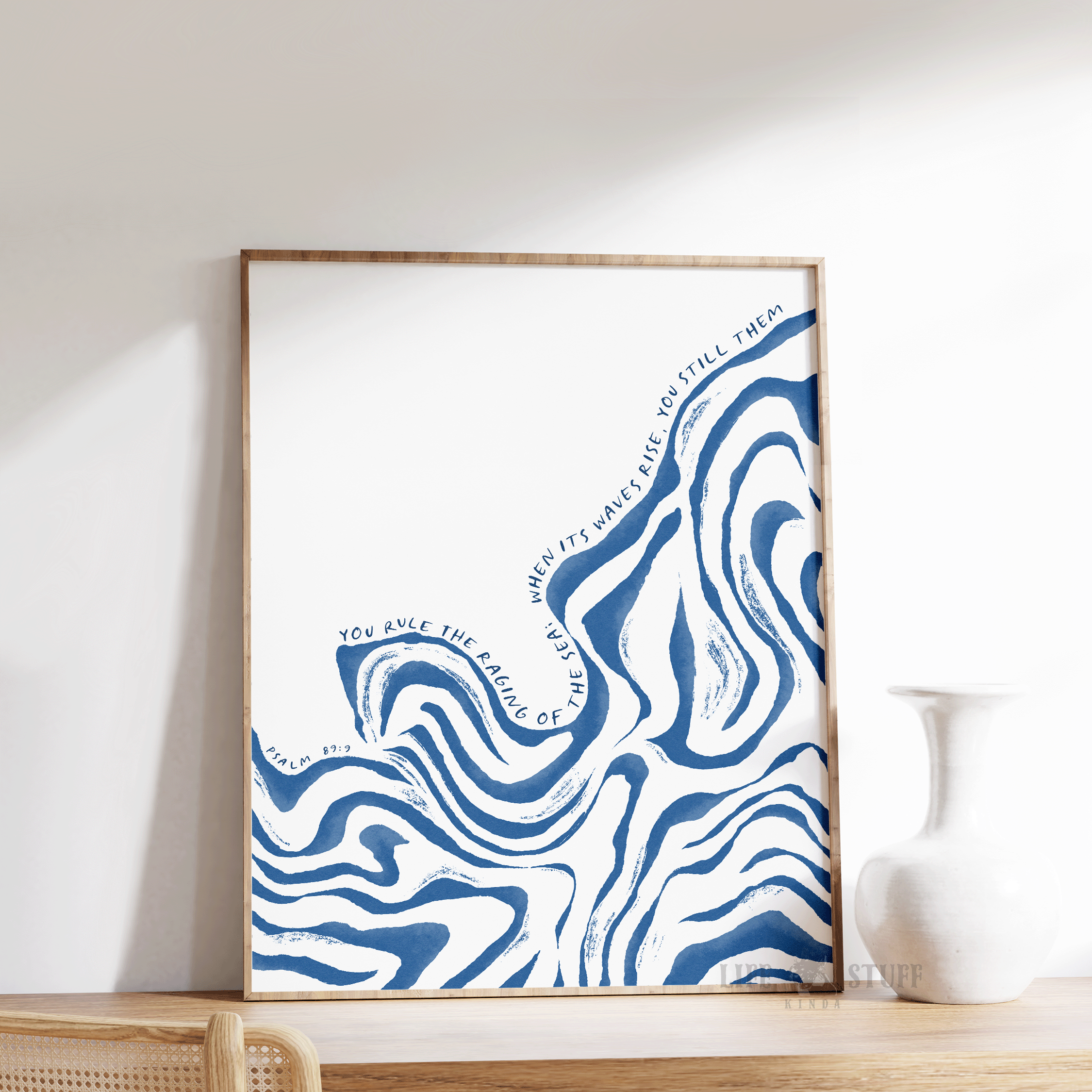 Psalm 89:9 You Still The Waves coastal Christian art print, minimalist abstract ocean wave design on natural matte paper