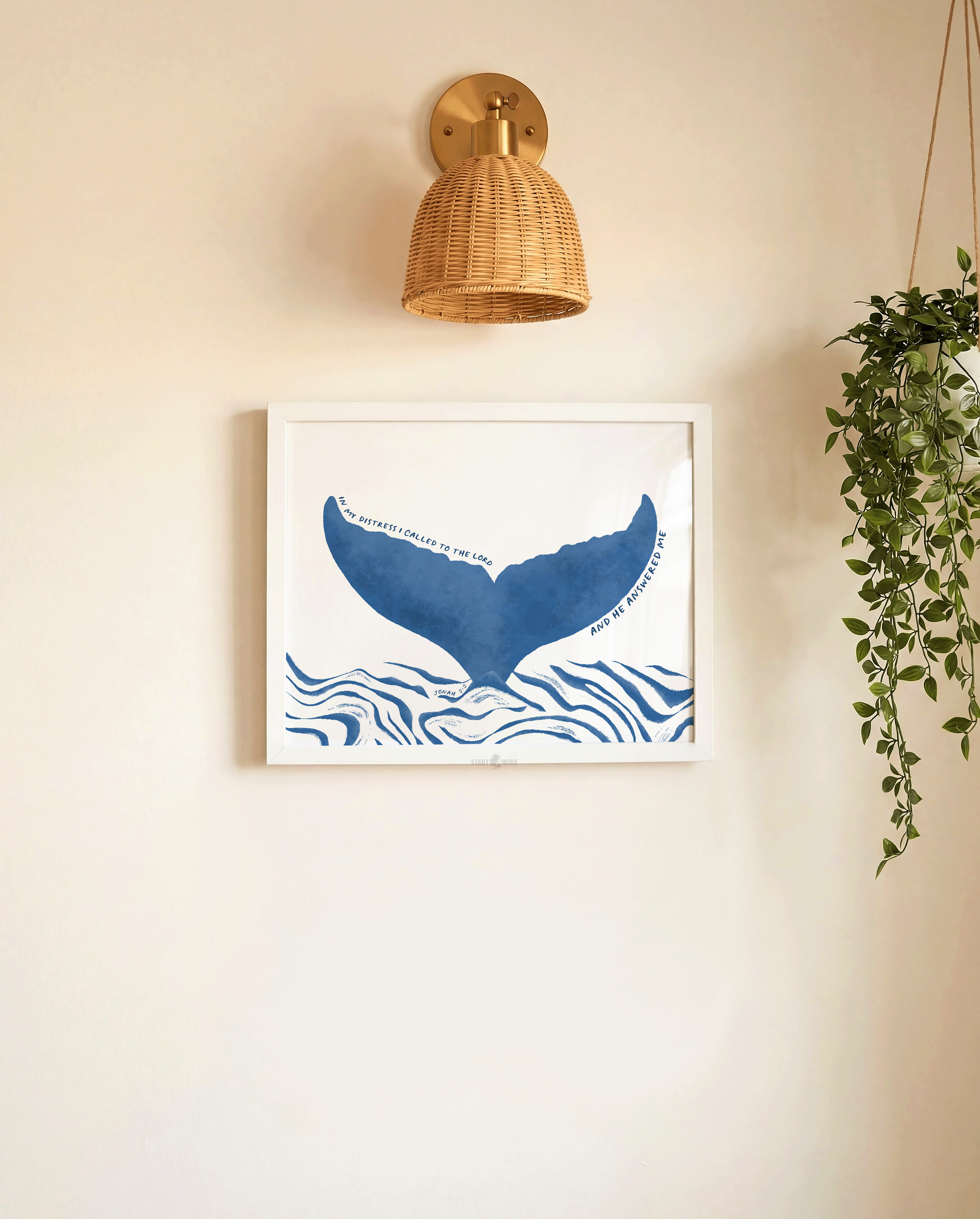Jonah 2 2 bible verse art print with bold blue whale tail illustration on textured cream cotton paper
