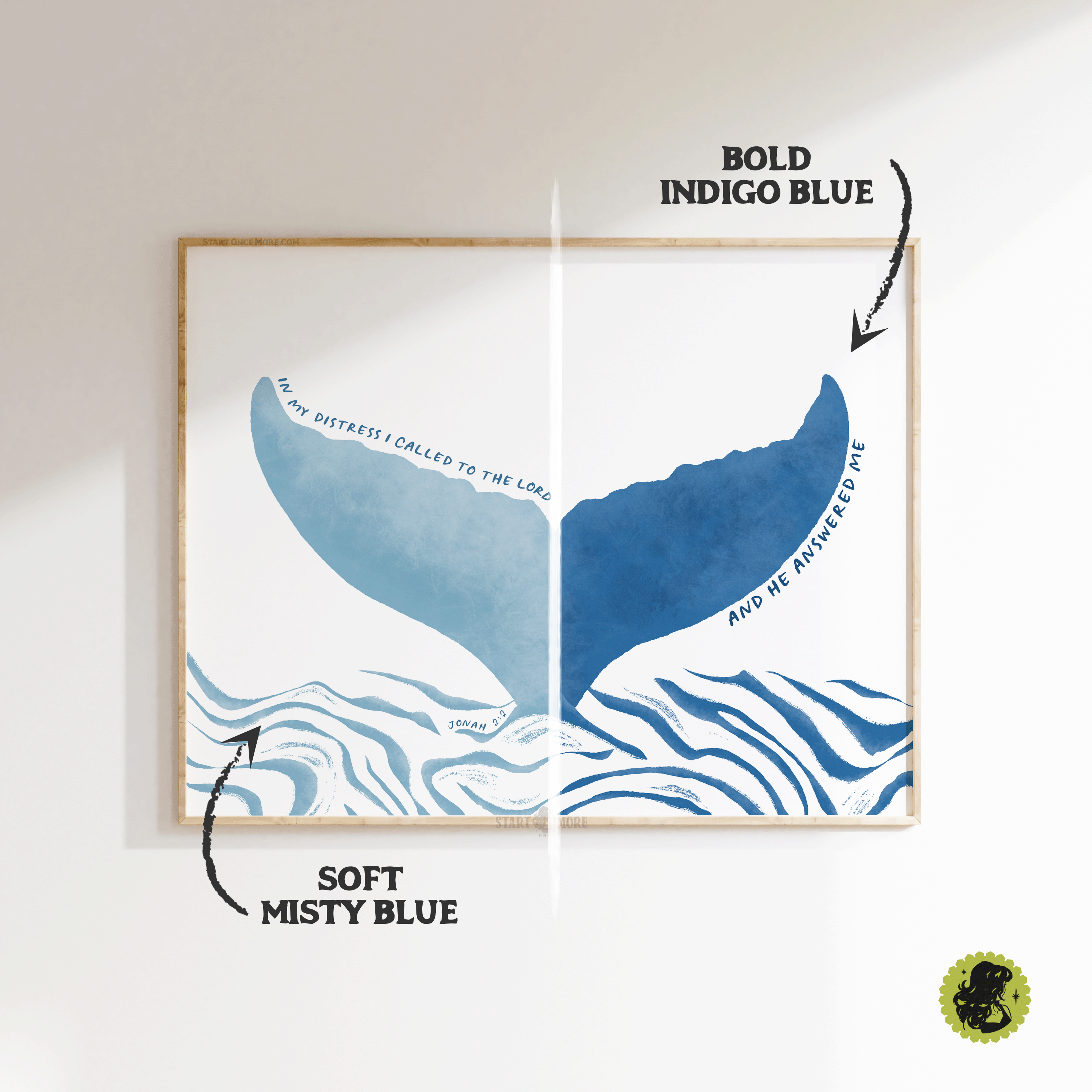 Jonah 2 2 bible verse art print with light & bold blue color options