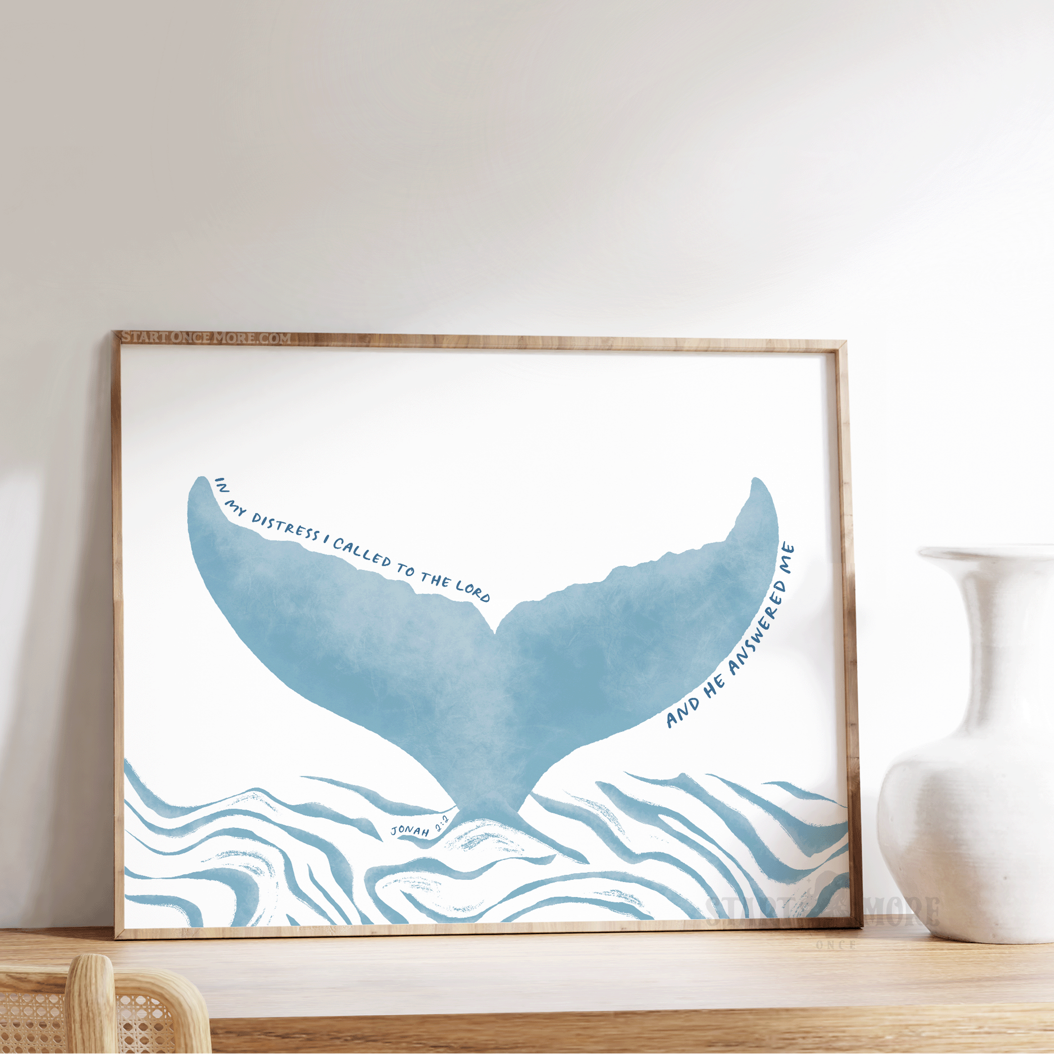 Jonah 2 2 bible verse art print with light blue whale tail illustration on textured cream cotton paper.