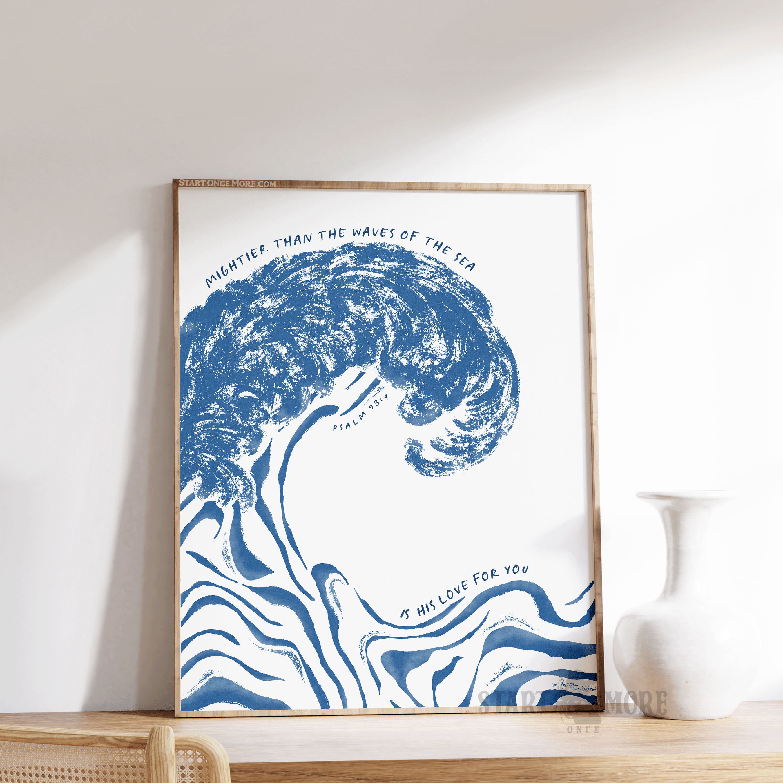 Psalm 93:4 Mightier than the waves of the sea is his love for you, coastal Christian art print with blue watercolor wave on natural matte paper.