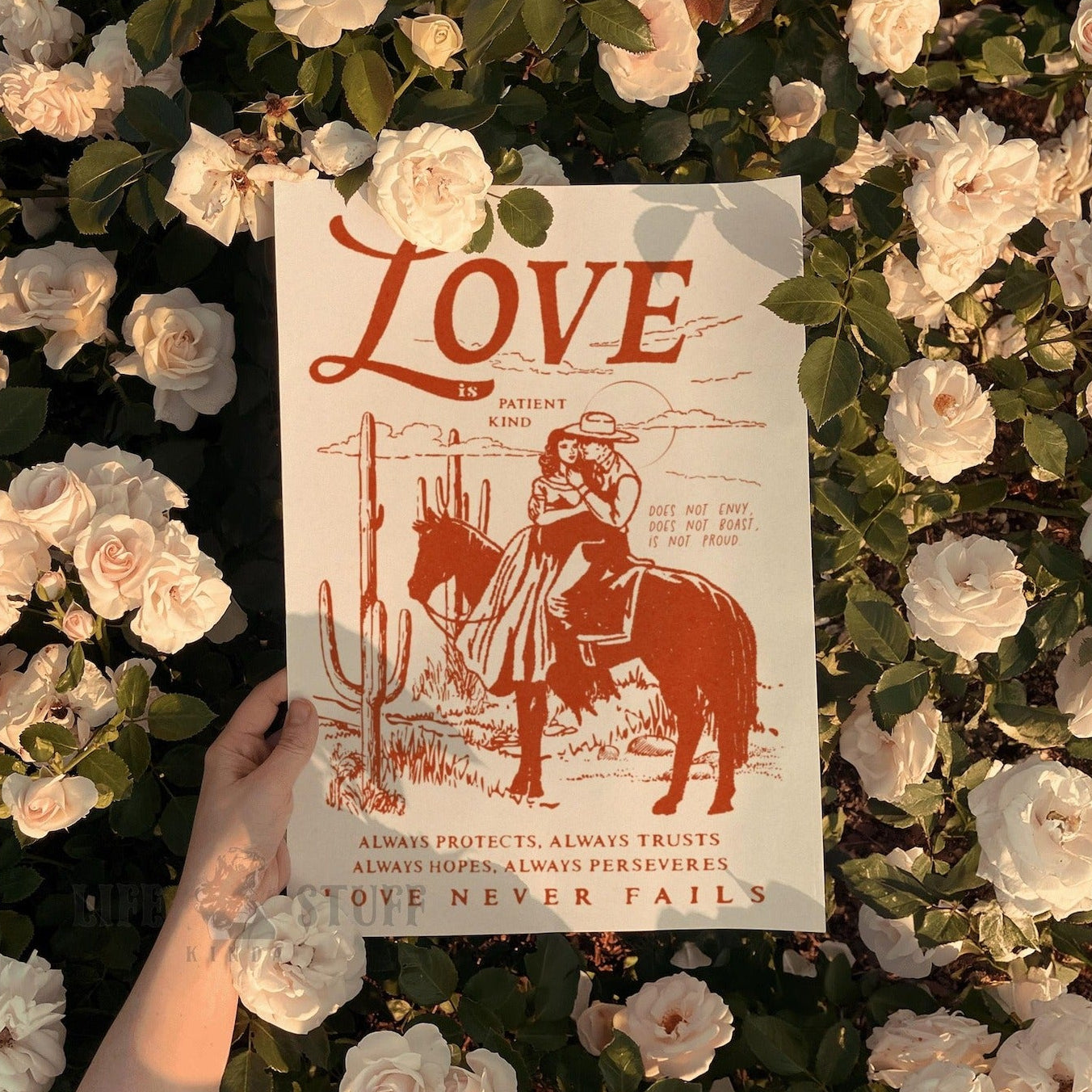 1 Corinthians 13 "Love is Patient" desert art print with vintage western illustrations, Christian wedding gift decor.