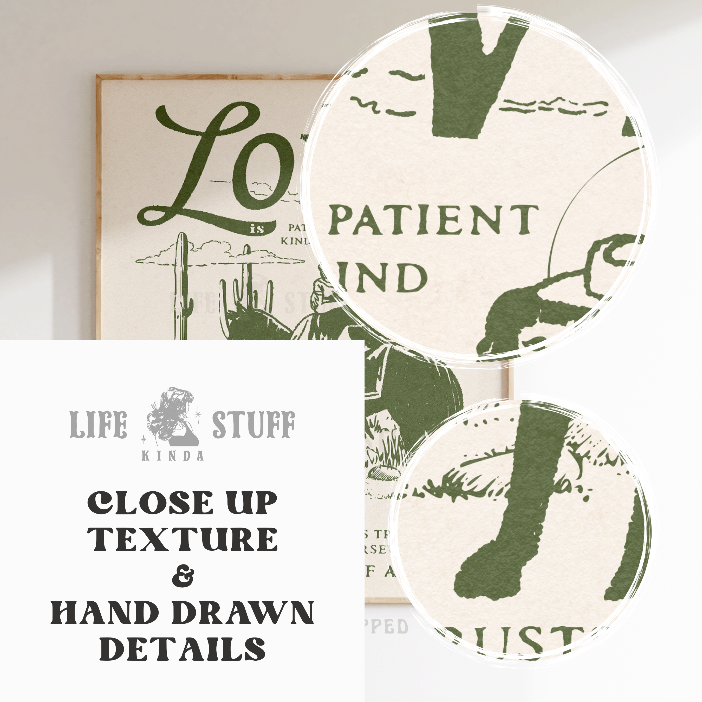 Closeup of 1 Corinthians 13 "Love is Patient" desert art print with vintage western illustration