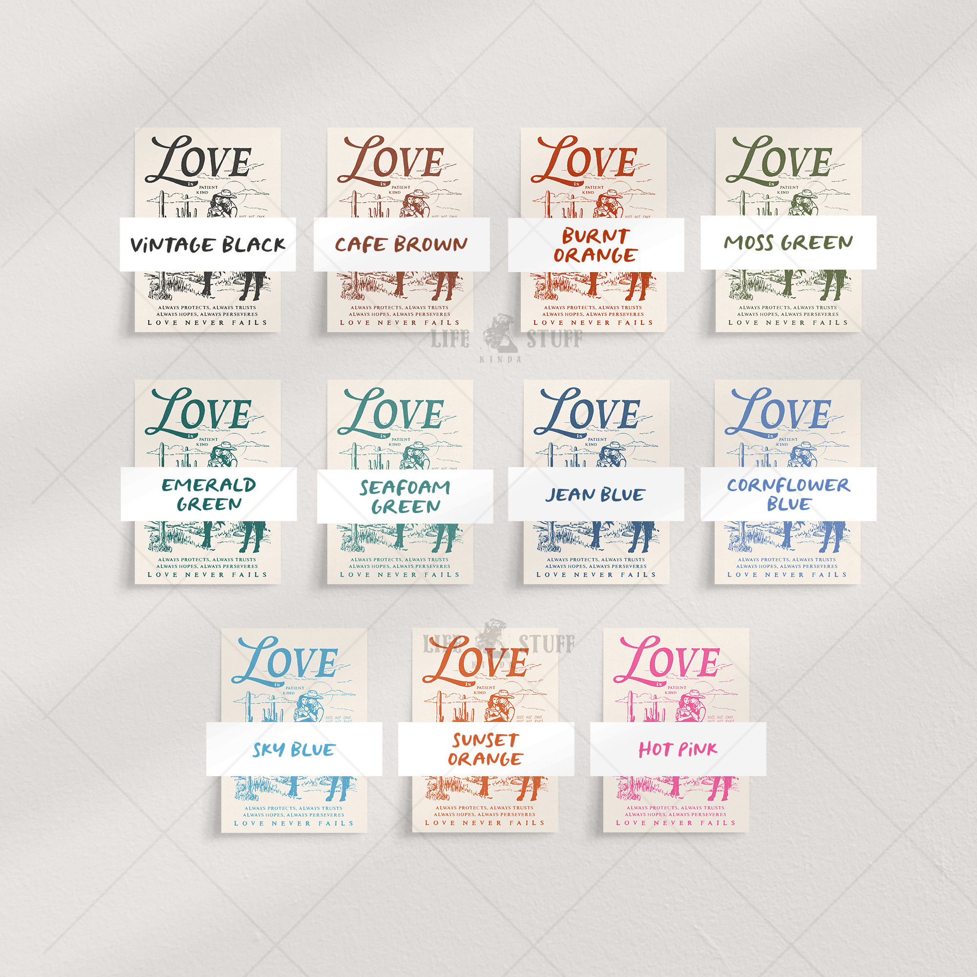 1 Corinthians 13 "Love is Patient" desert art print with vintage western illustrations, in various colors