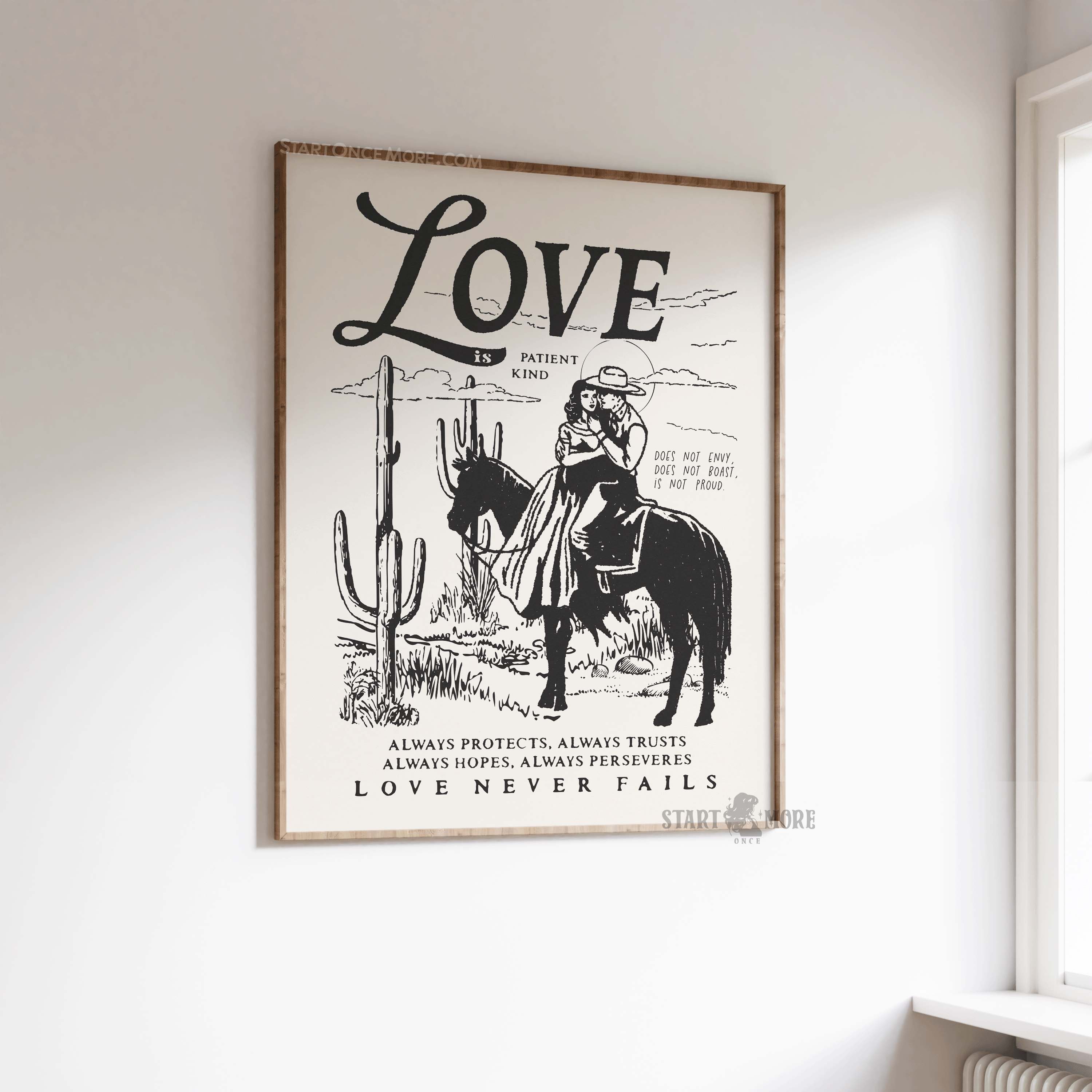 1 Corinthians 13 "Love is Patient" desert art print with vintage western illustrations, Christian wedding gift decor.