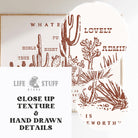 Close up of botanical cactus illustration and "Think About Such Things" scripture from Philippians 4:8