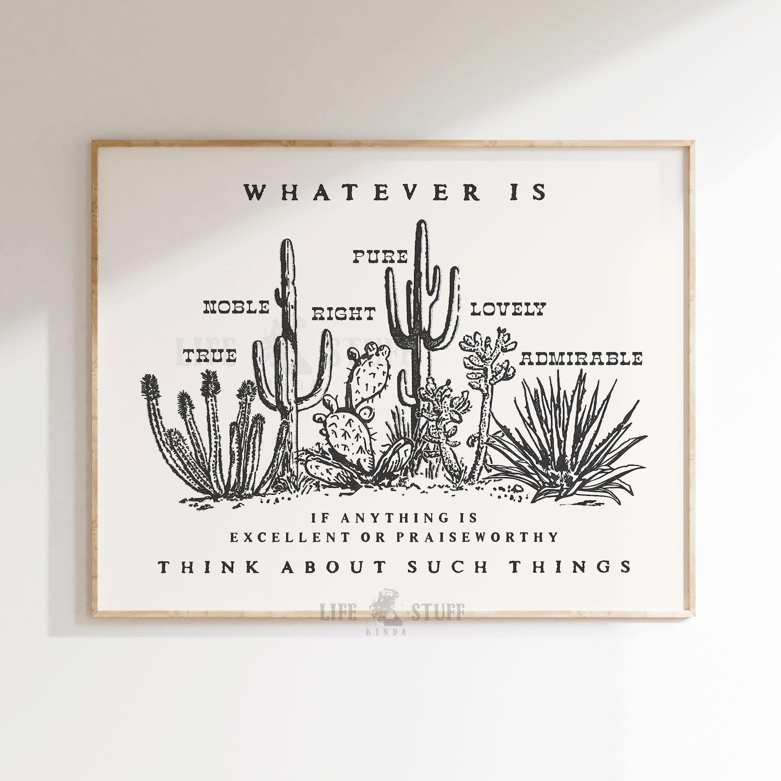 Philippians 4:8 western art print featuring desert cacti and succulents, rustic Christian wall decor on natural matte paper