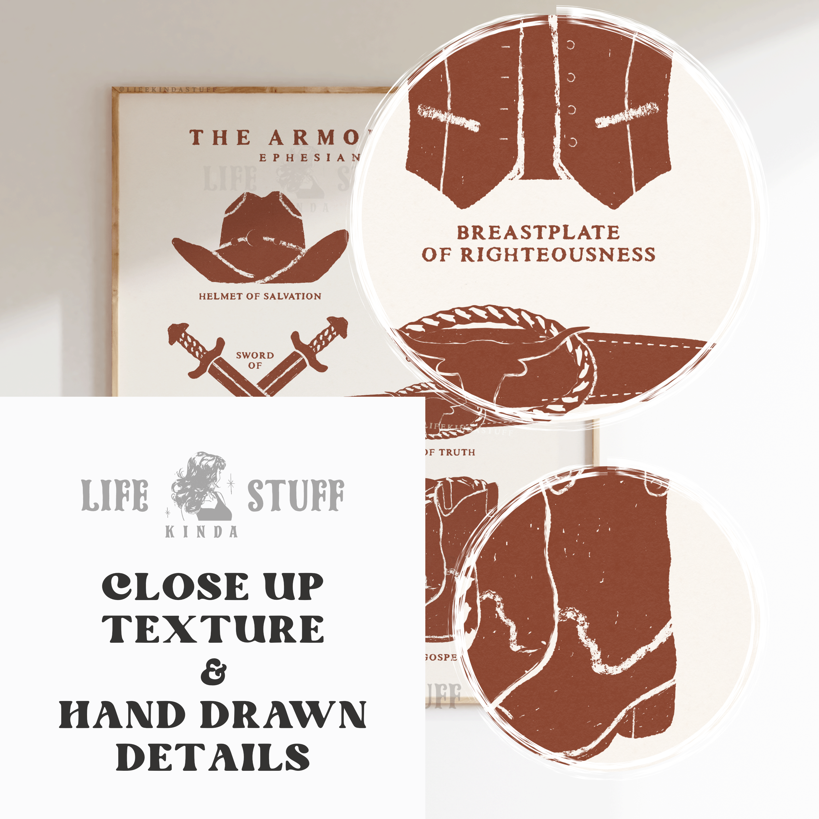 Western style Armor of God art print featuring a cowboy hat, boots, and vest representing the armor of God from Ephesians 6, minimalist woodblock style