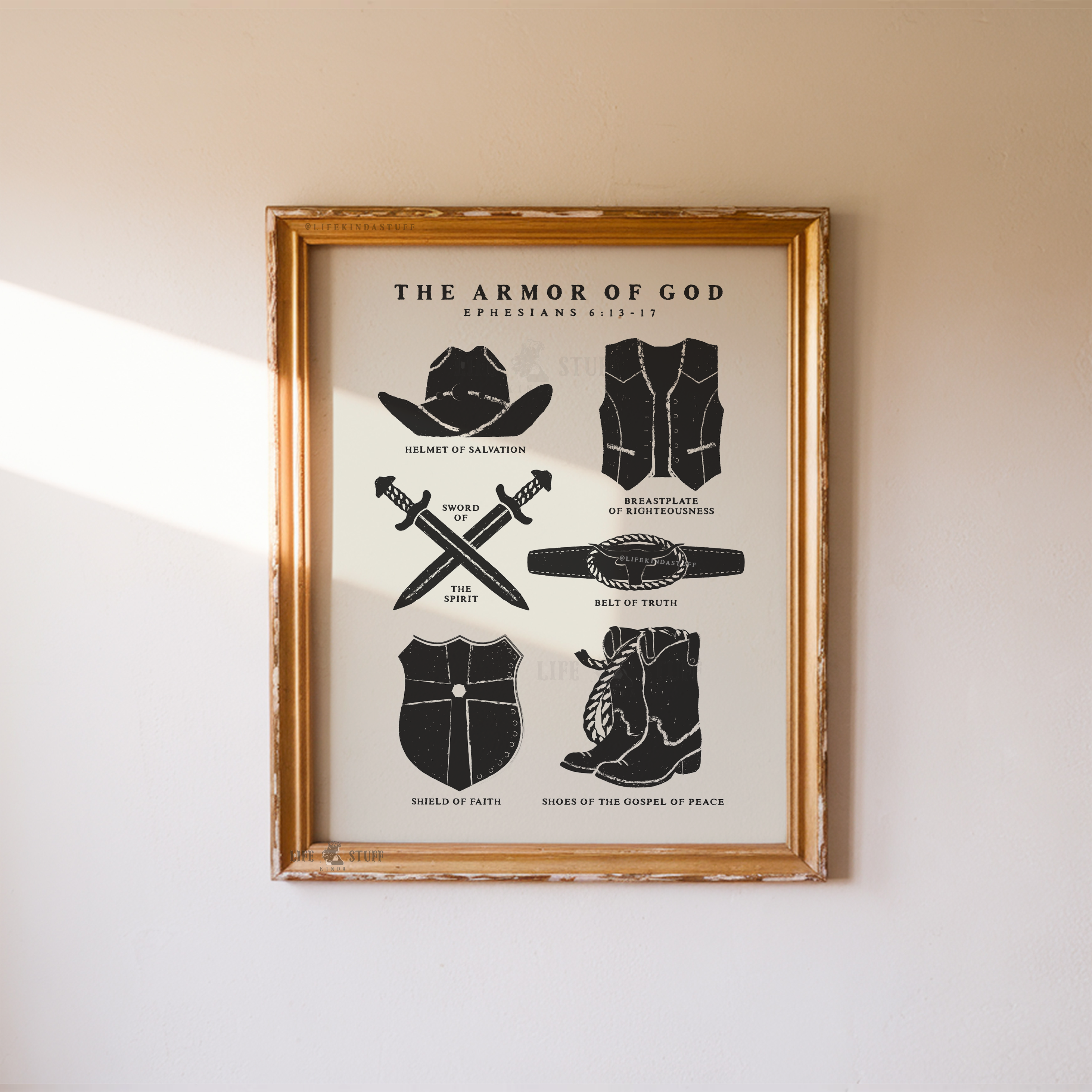 Western style Armor of God art print featuring a cowboy hat, boots, and vest representing the armor of God from Ephesians 6, minimalist black and white woodblock style