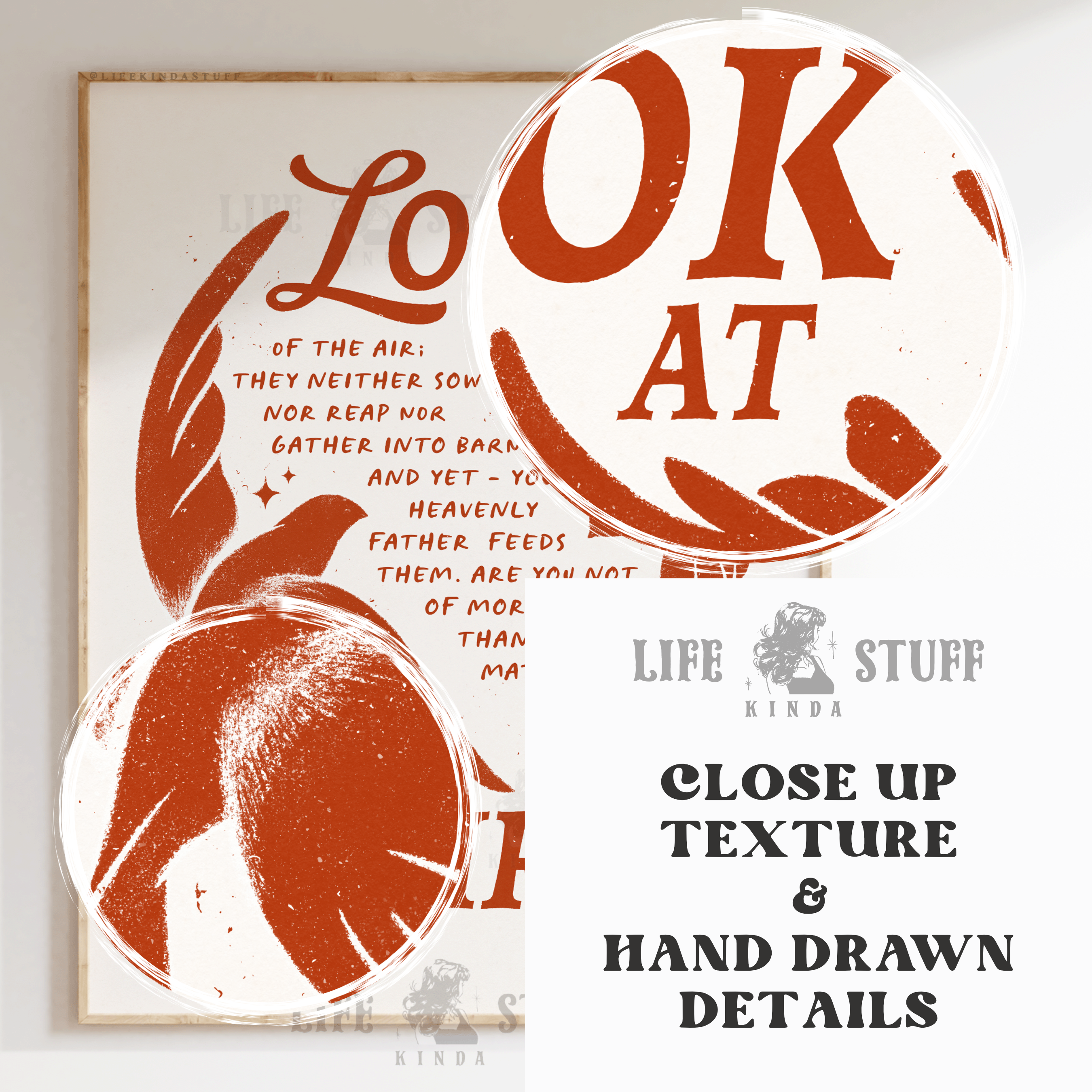 Detail shot of archival 300gsm cotton paper and ink on the Look At The Birds scripture print.