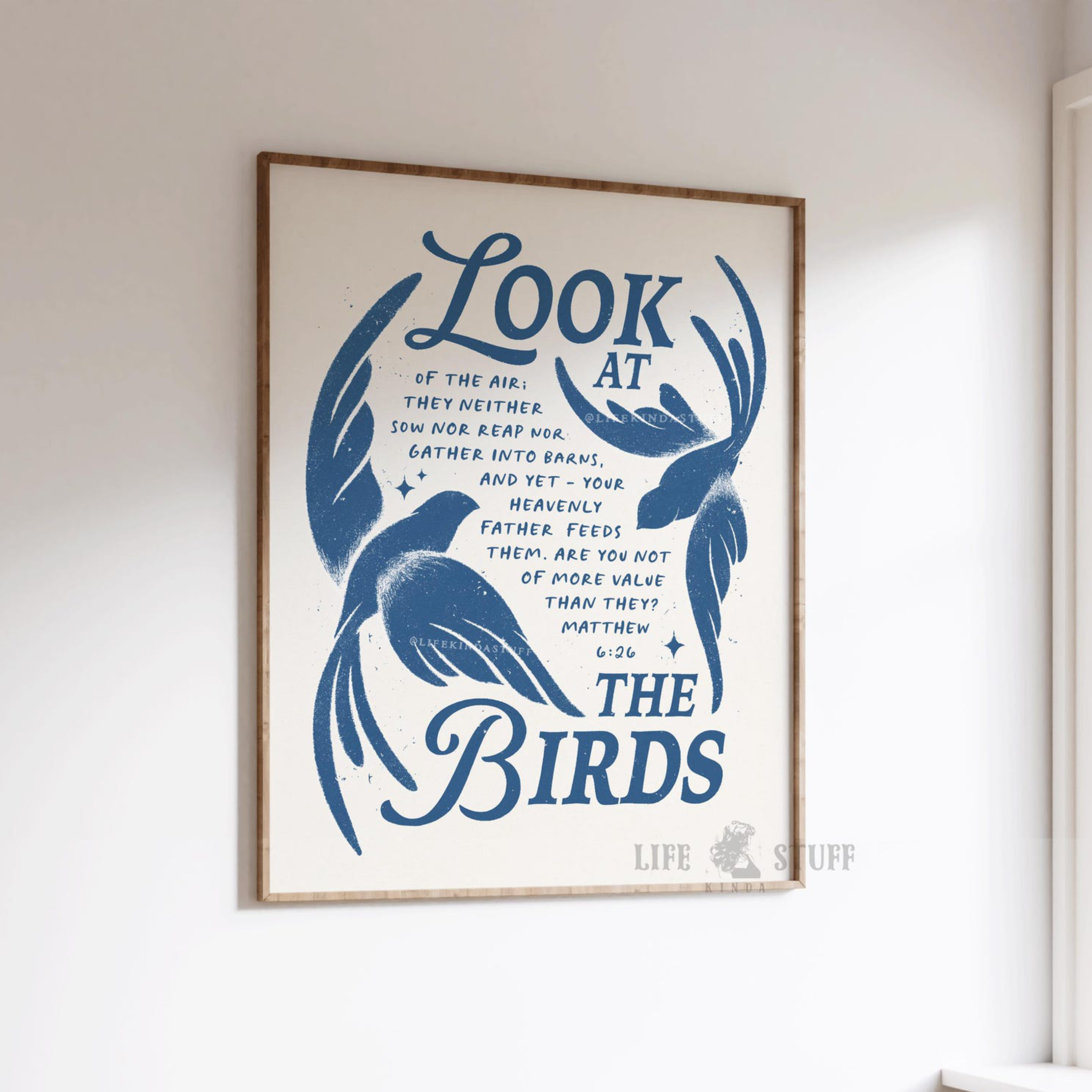 Matthew 6:26 Look At The Birds art print with botanical bird illustrations and retro typography on natural matte paper